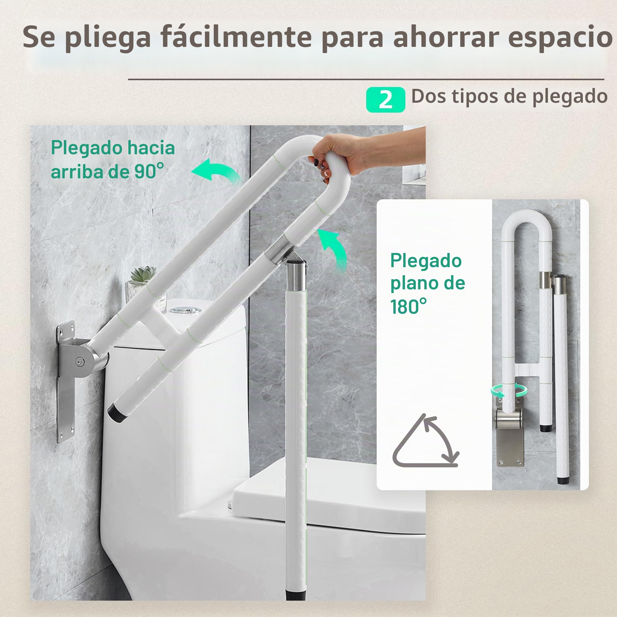 ITSOGOO Barra Abatible Baño Minusválido 60x70cm Agarrador Ducha Personas Mayores,Acero Inoxidable,Asidero de Seguridad para Baño,Soporta Hasta 300kg Blanco