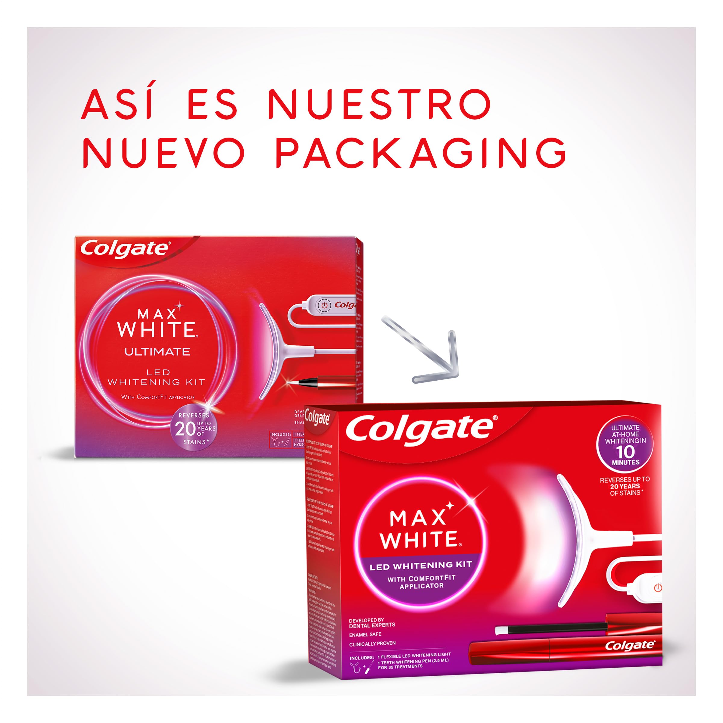 COLGATE Max White Ultimate Kit de Blanqueamiento Dental LED en Casa, Seguro para el Esmalte, Revierte hasta 20 Años de Manchas, Incluye Pincel Blanqueador