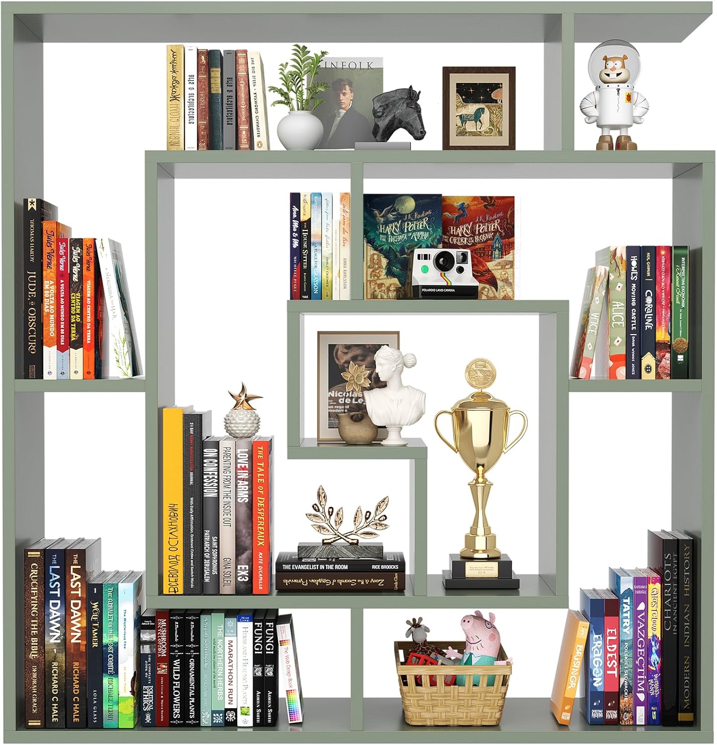 Armocity 6 Tier Display Book Shelf Wall Mounted Bookshelf Freestanding Geometric Bookcase Floating Book Shelves for Wall Bedroom Living Room Home Office, 45.5"(W) * 47"(H), Crab Green Crab Green 45.5"(W)