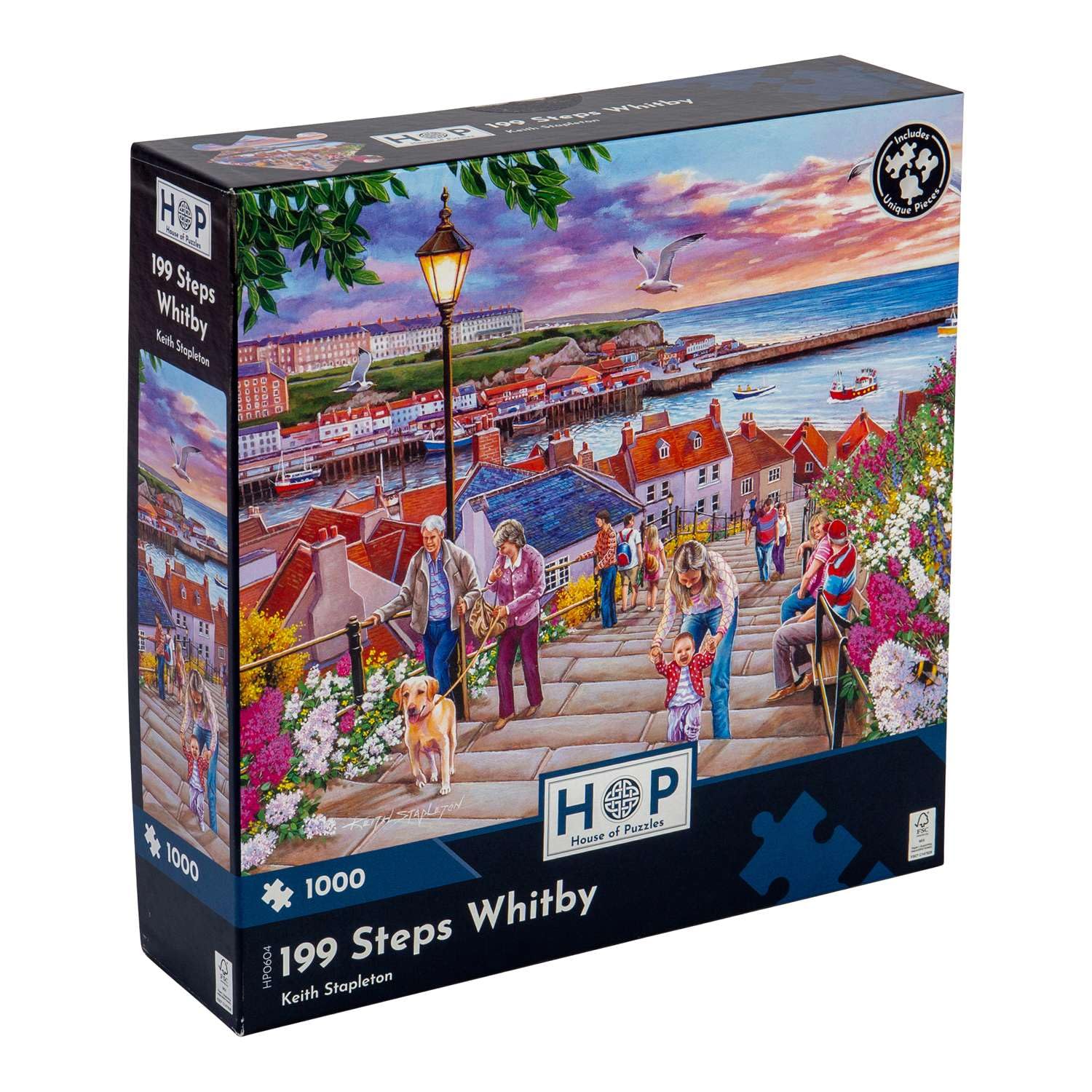 The House of Puzzles - 199 Steps Whitby Jigsaw - 1000 Piece Jigsaws For Adults, Artist Illustrated, Scenic Landscape, Deluxe Puzzle Gifts