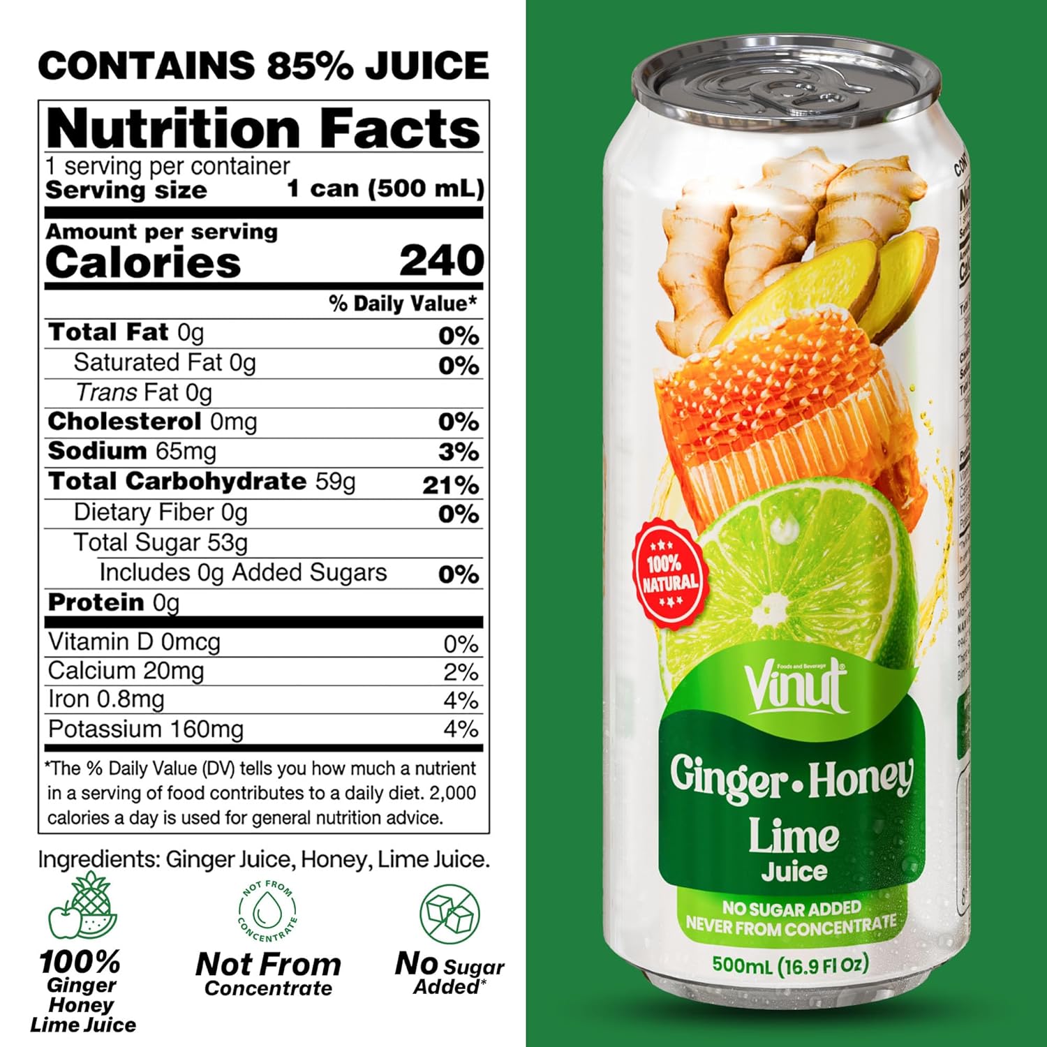VINUT Ginger, Honey & Lime Juice, 85% Juice, No Added Sugar, Not From Concentrate, 16.9 fl oz (500 mL) Can, Pack of 12