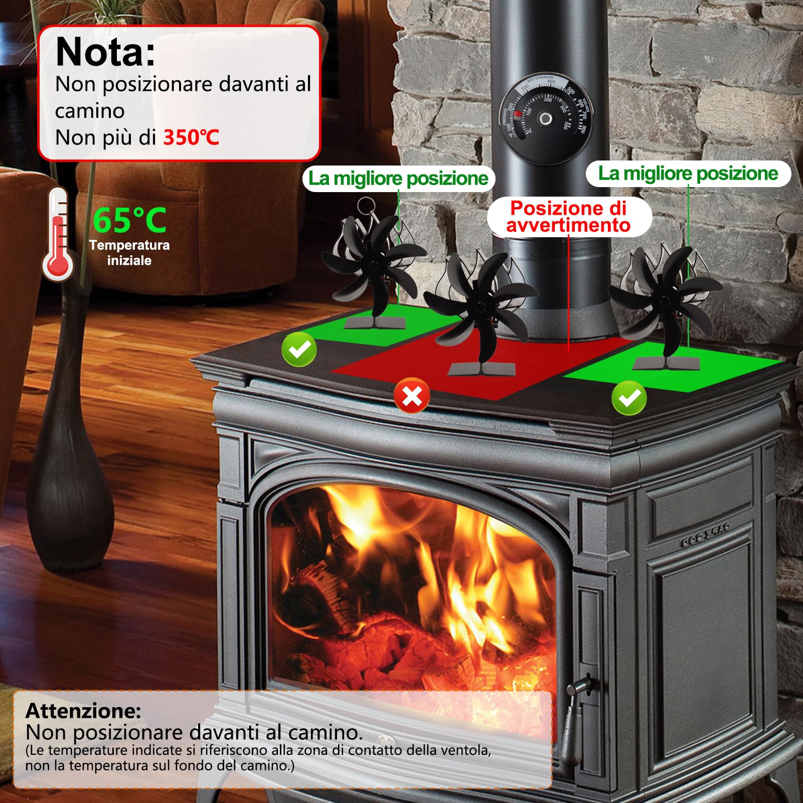 Nauotk Ventilatore per Stufa a Legna: 7 Pale Ventola Stufa a Legna,Ventilatore Stufa con Termometro, Ecologico Calore Ventola Senza Elettricità Alimentato,Silenzioso Stufa a Pellet (7 Pales)