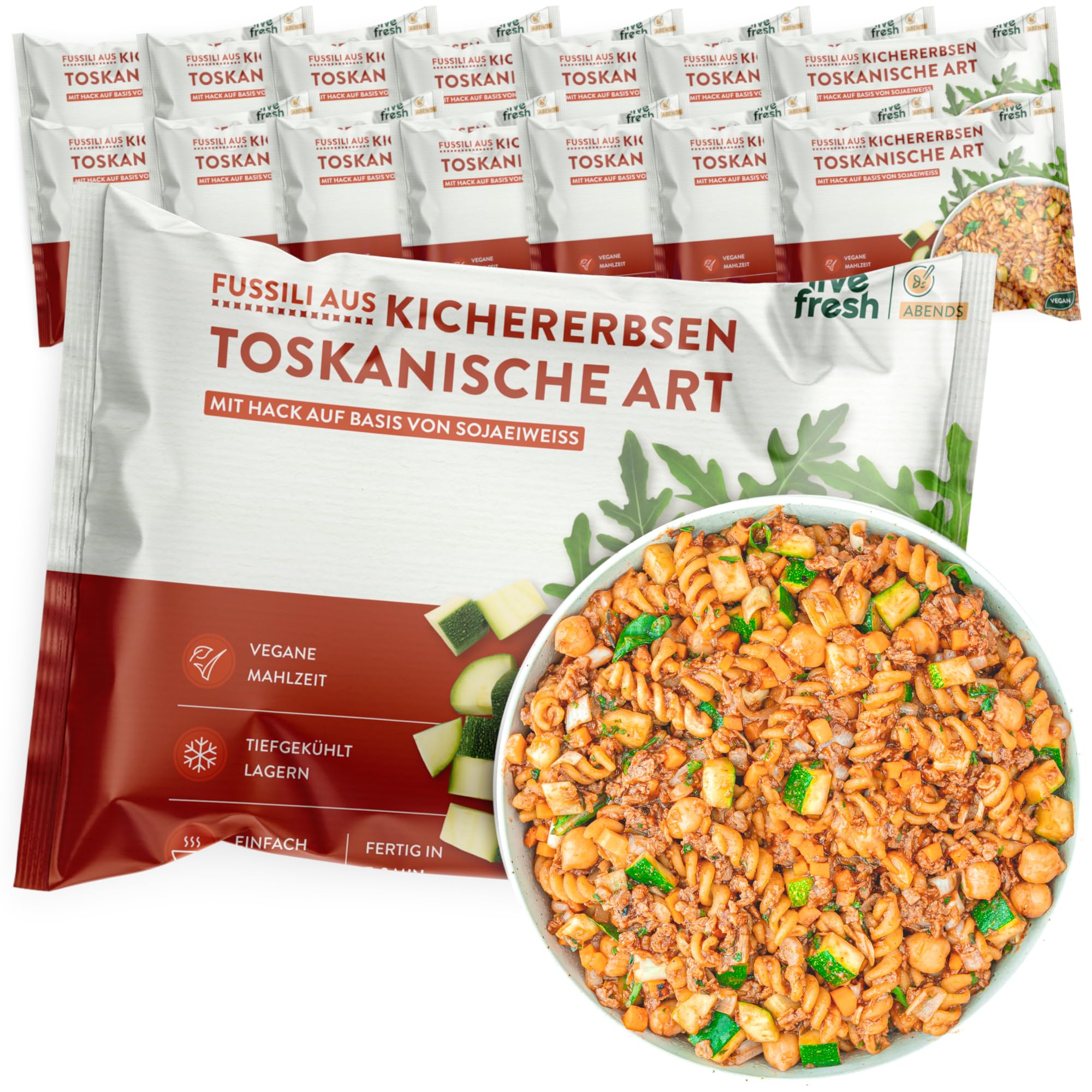 LiveFresh Fusilli Toskana | 14 x 400g vegane Diät Feriggerichte | Low Carb Lebensmittel mit 24g Protein und nur 360 kcal pro Portion | Schnell zubereitet | Schonend schockgefrostet