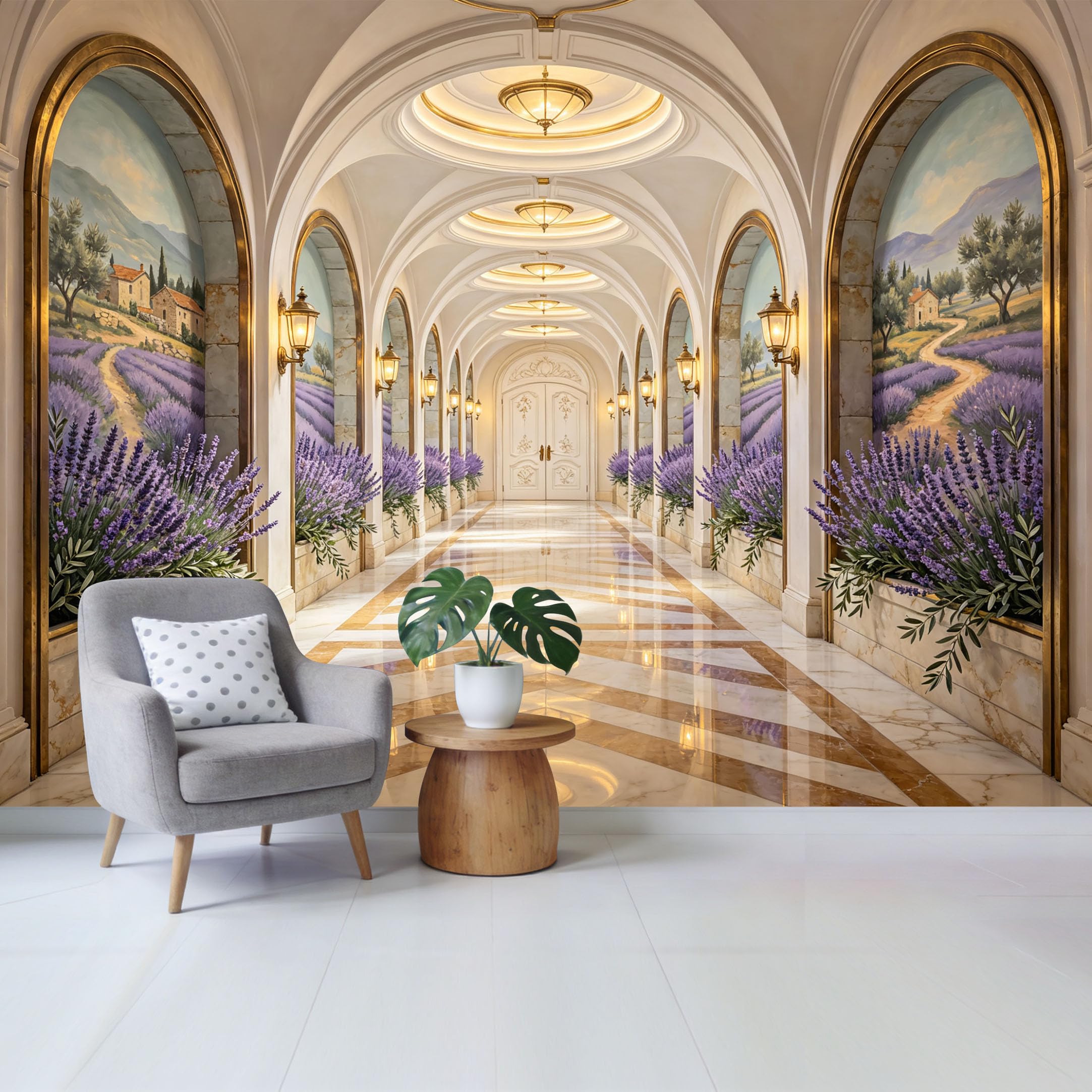 Removable Self Adhesive Fabric Mural， Tuscan Lavender Field Landscape Custom Size Wall Covering， UV Protected Waterproof Washable Wall Decor for Living Room Bedroom Bathroom