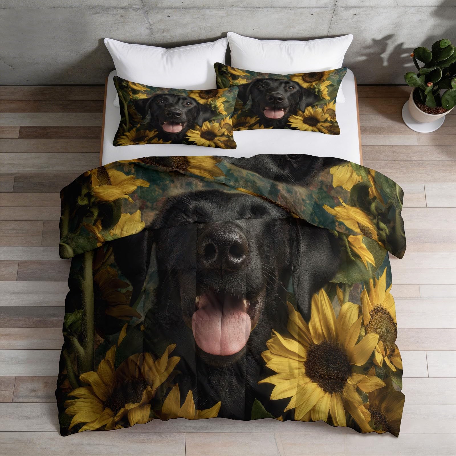 Zwierzęta labrador retriever, słonecznik, poszewka na kołdrę, rozmiar king size (230 x 220 cm), czarno-żółta, dwustronna, na każdą porę roku, z 2 poszewkami na poduszki, miękka i nadająca się do