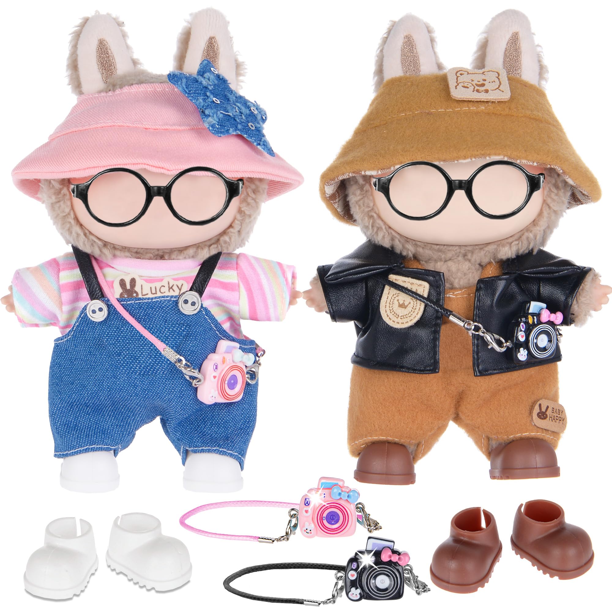 ebuddy 2 Sets Kawaii Doll Clothes for 17cm Plush Dolls - Replacement Fashion Outfit Collection Mix & Match Fun​ with Hats & Accessories Fits 6.7 Inch Mini Dolls (No Doll No Glasses)