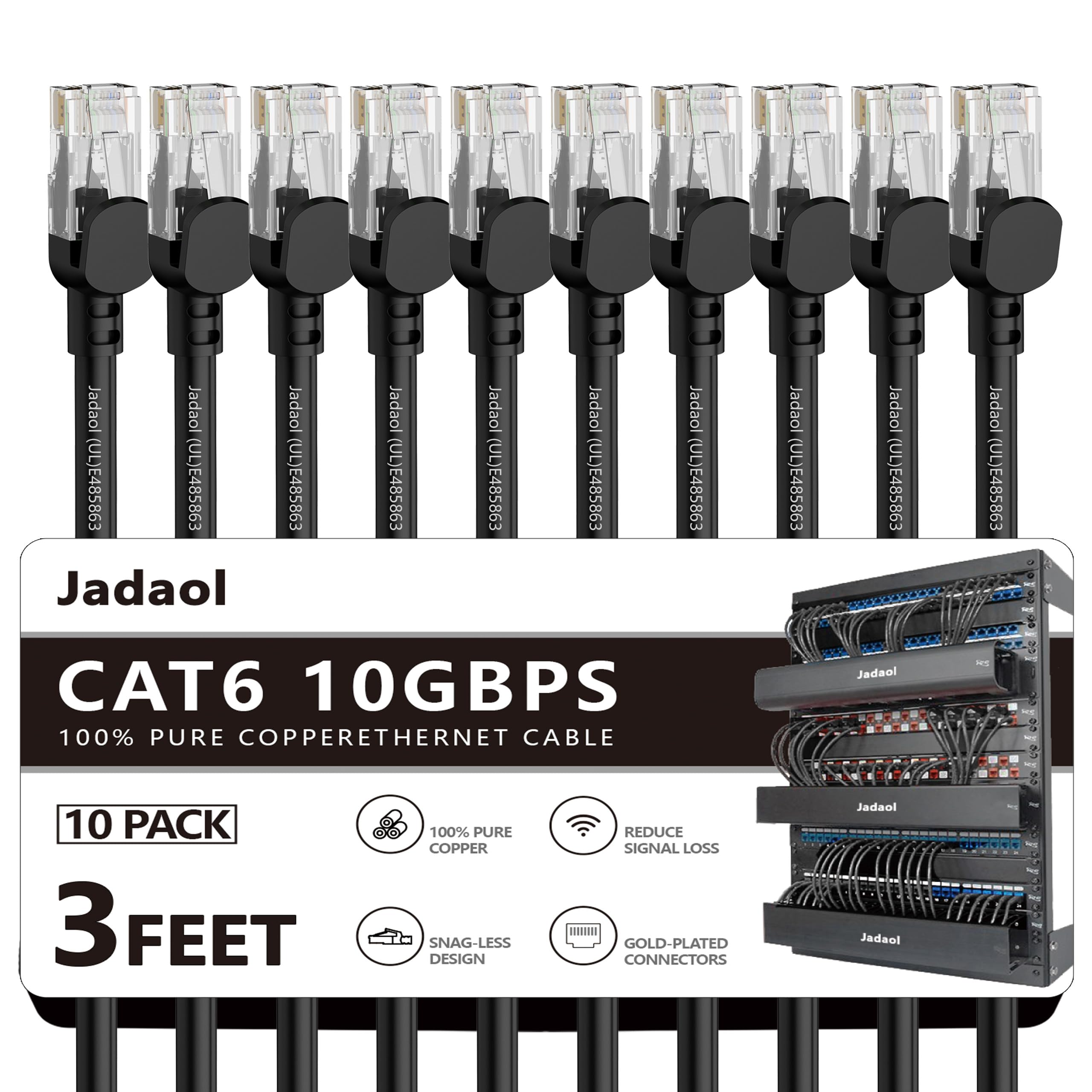 Jadaol Cat6 3ft 10 Pack Patch Cable, 10Gbps High-Speed Ethernet, Support Cat8/7 Network, 24AWG Pure Copper, RJ45 Gold-Plated Connectors, LAN Network Cable for Patch Panel to Switch, Black
