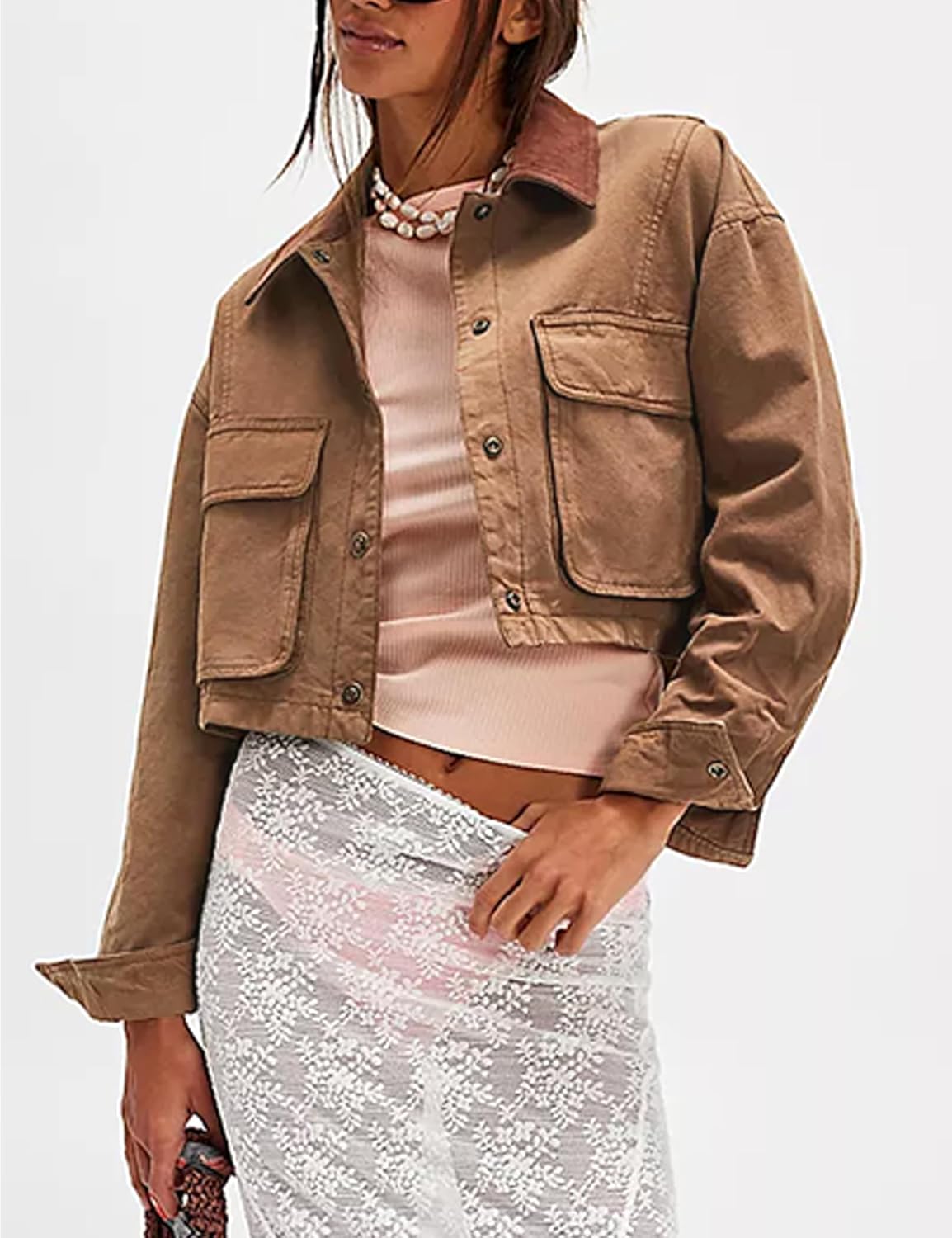 HangNiFang Cropped Barn Jacket for Women 2025 Contrast Collar Outwear Long Sleeve Cotton Short Cargo Jacket with Pockets - Image 4