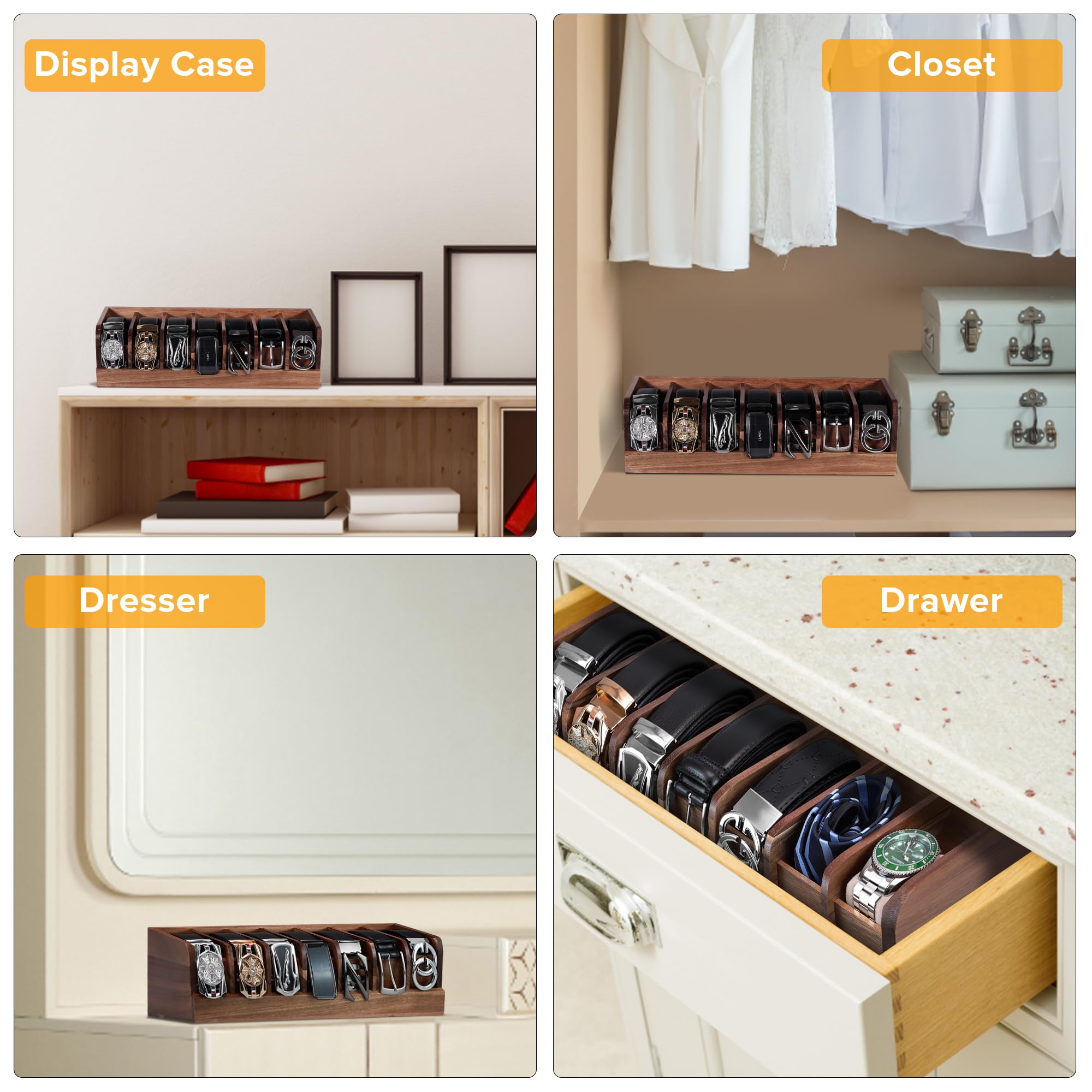 Organizer per cinture, 7 scomparti, supporto per cintura per armadio e organizer per cintura, organizer per cintura, organizer per cinture, ganci per cinture per uomini e donne (legno di acacia)