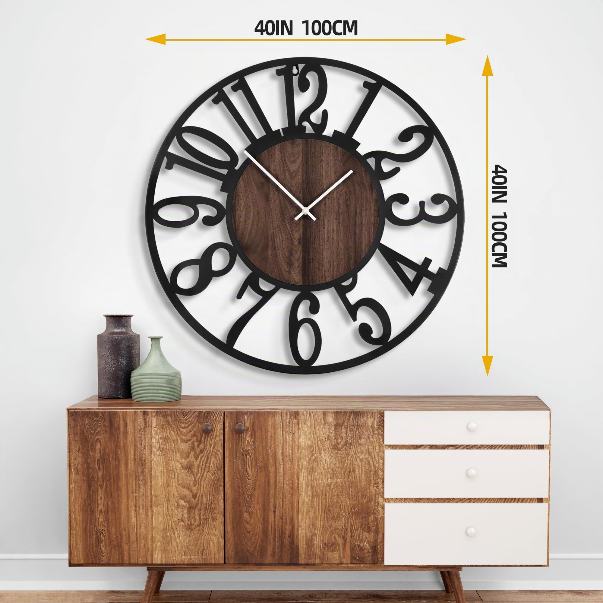 100cm Wanduhr, Leise Vintage Metall Uhr mit Holz-Zifferblatt, Batterie XXL Wanduhr im Landhausstil für Wohnzimmer, Schlafzimmer, Küche, Büro, Wanddeko
