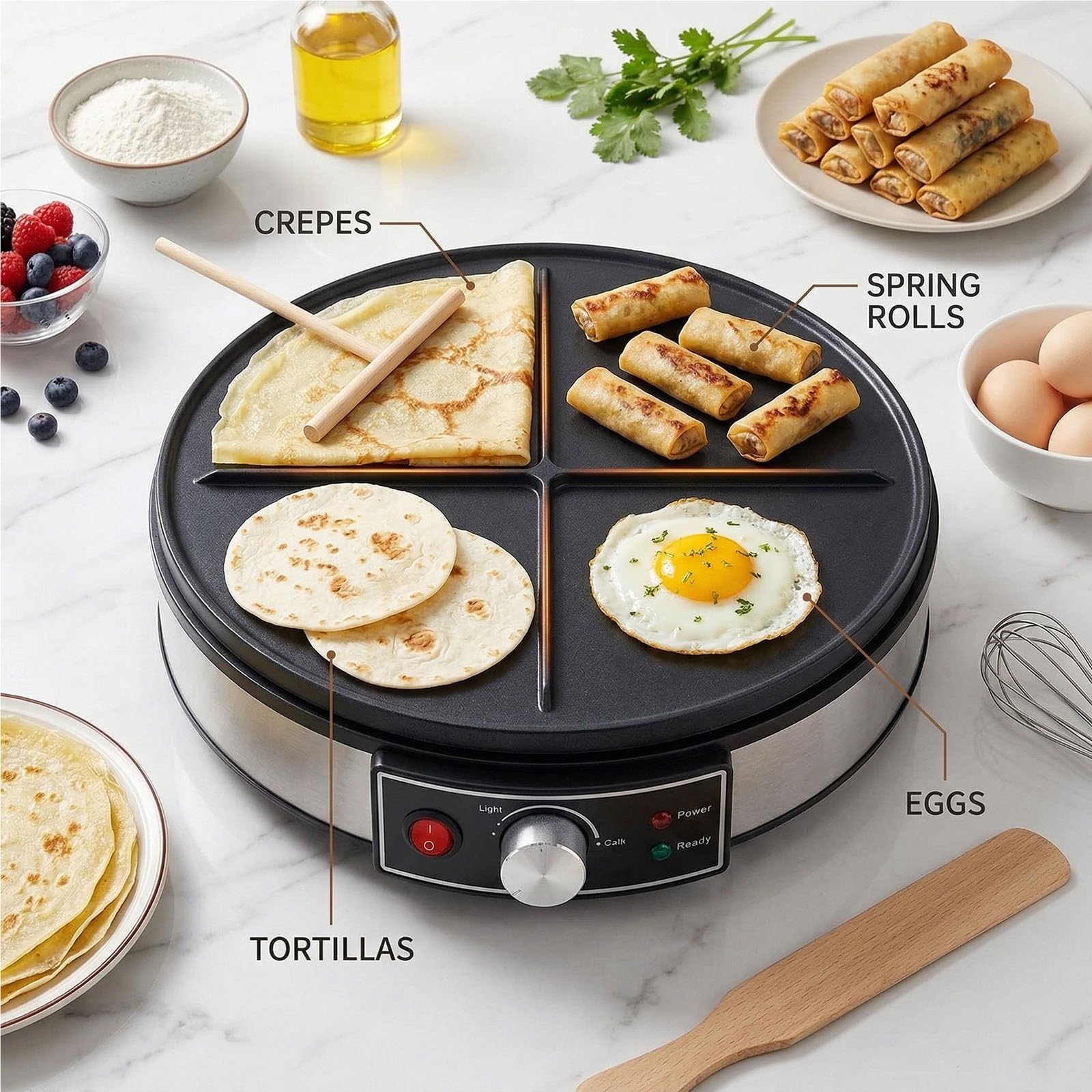 Piastra per Crepes Elettrica 30cm con Controllo Temperatura Regolabile Spatola in Legno per Crepes Pancake Uova Tortilla e Griglia Macchina per Pancake Antiaderente per Uso Domestico