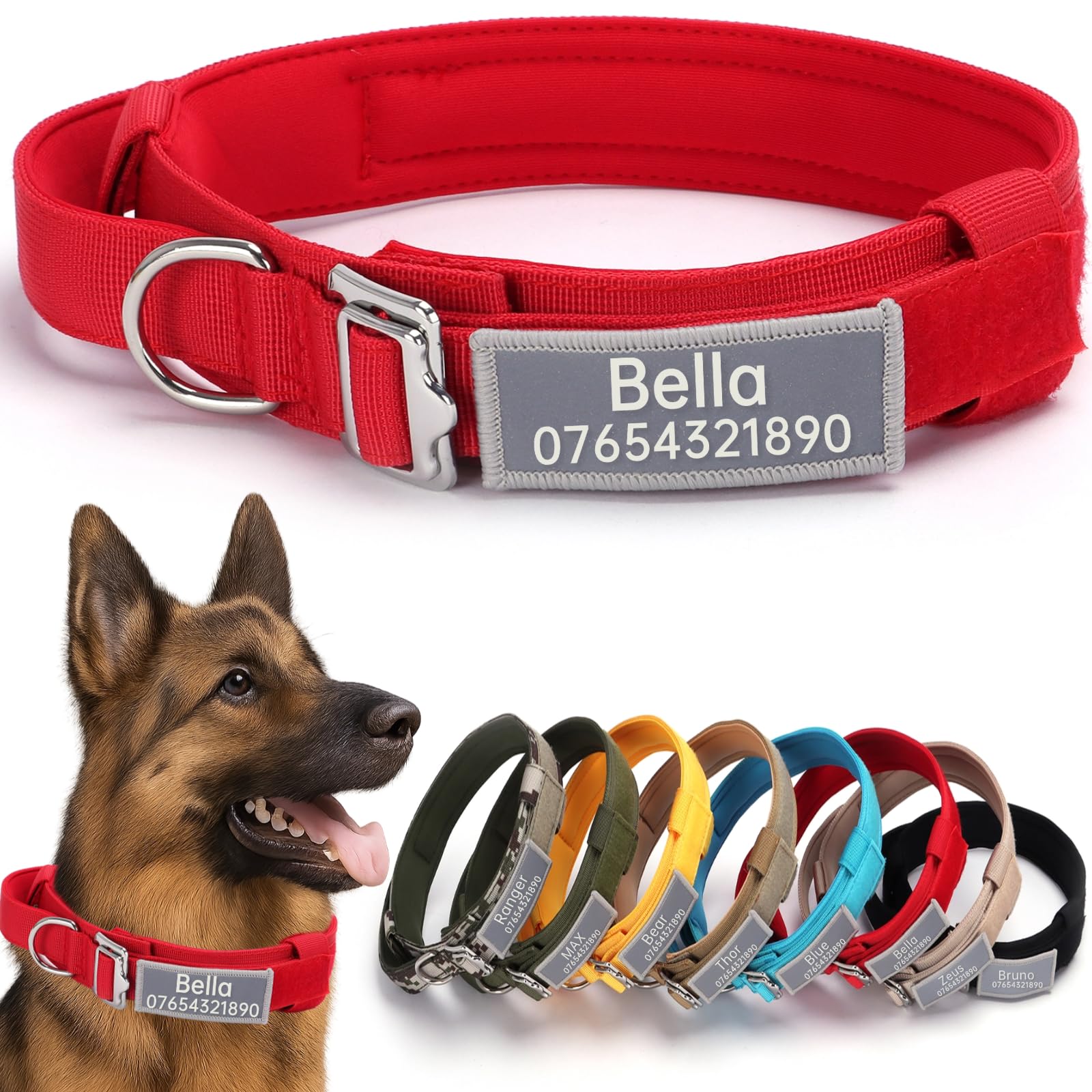 SEOUGEE Tactical Dog Collar Personalised with Handle, Soft Padded Dog Collars with Custom Reflective Name Patch, Adjustable Collars with Portable Buckle for Medium Large Dogs Training (Red, M) — image 1