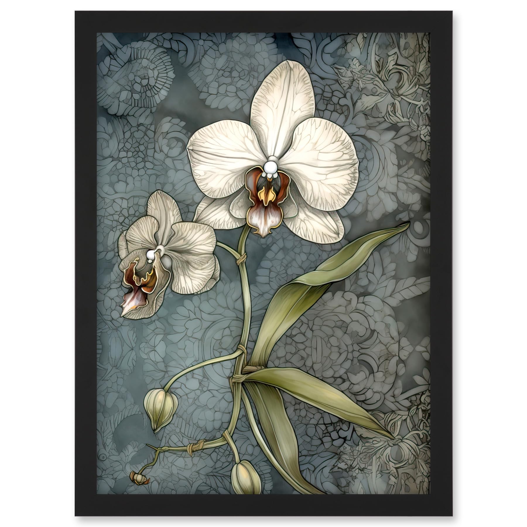 Artery8 Orchid Flower Blooms Pastel Colour Art Nouveau Artwork Framed A3 Wall Art Print