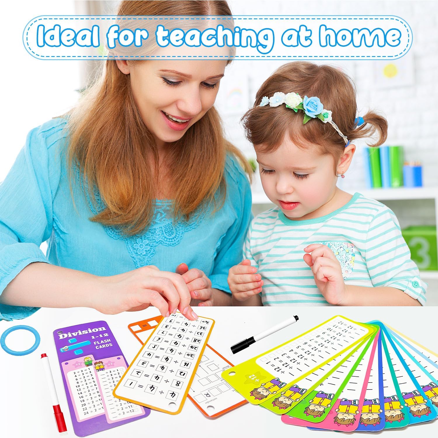 1-12 Division Flash Cards, Large Math Table Flashcards, Including 15 Cards, 2 Dry Erase Markers, 1 Rings, Educational Times Table Flashcards for Classroom Home, for 1st to 3rd Grades