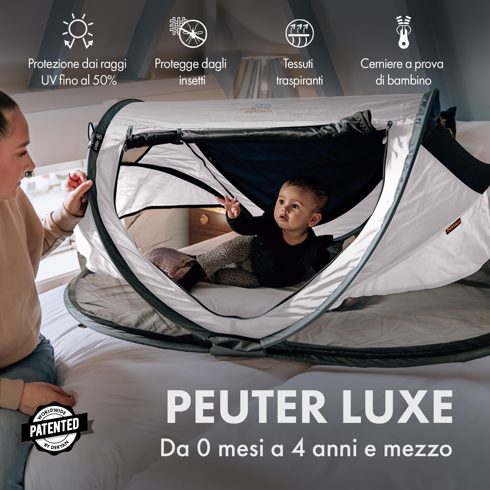 Deryan Lettino neonato da viaggio pieghevole con materasso, 0-4.5 anni, Lettino da campeggio, Le pareti realizzate in rete, Letto Pieghevole 135x90cm, Borsa da Trasporto, Protezione Insetti, Crema