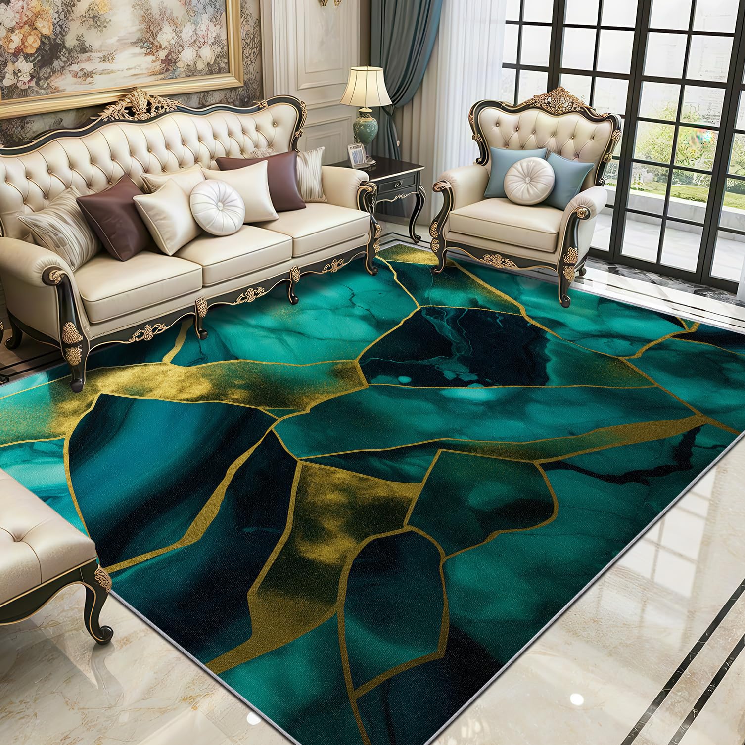 Marble Rugs Living Room Large 140x200 - Teal and Gold Abstract Bedroom Rug, Modern Luxury Washable Non Slip Low Pile Carpet