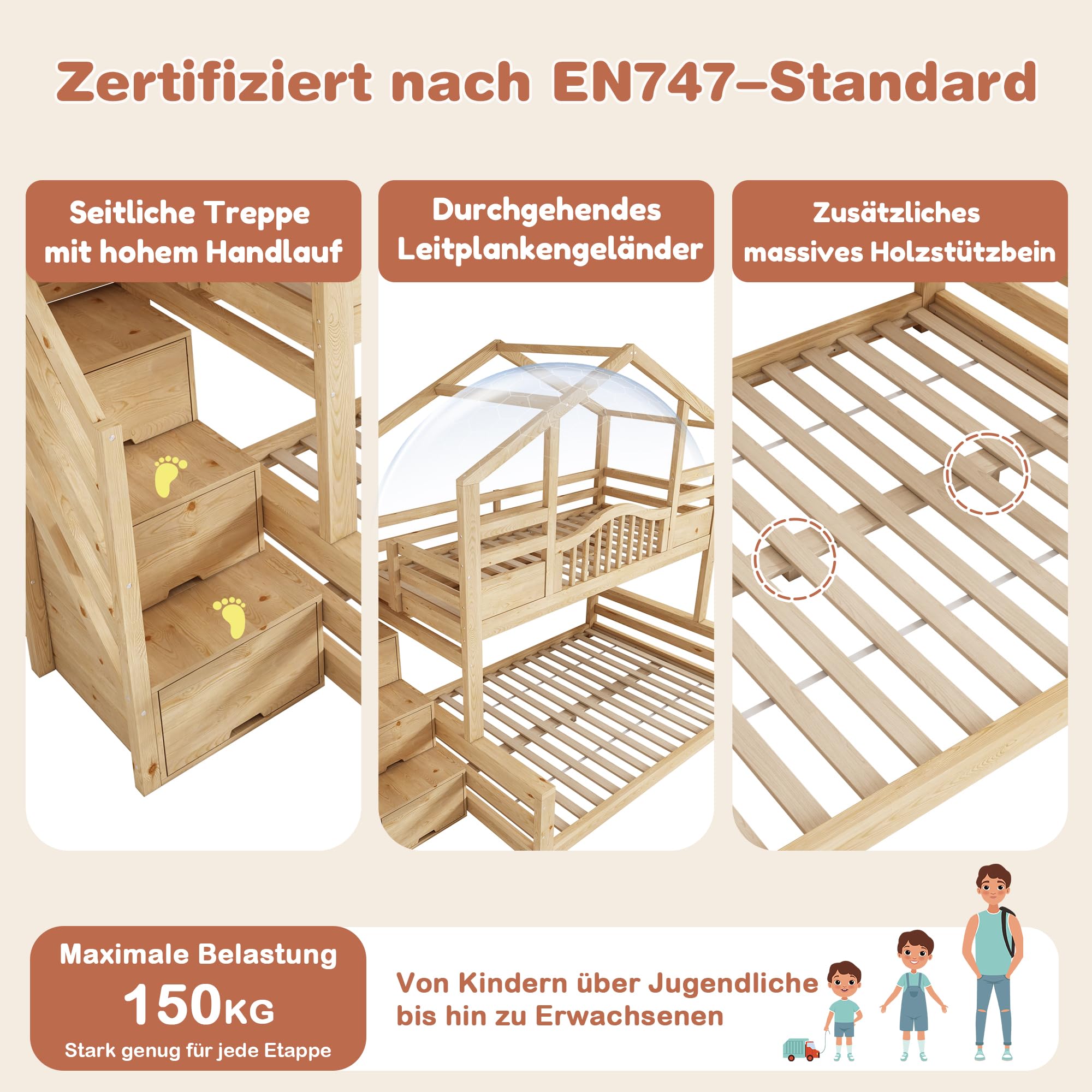 Lit Superposé en Bois pour Enfants 90x200 Et 140x200 Cm avec Rangements Hydrauliques, Escalier-BibliothèQue BarrièRes De SéCurité Et Port USB-C, Lit Familial DéCalé (Naturel, 254x145x206cm)