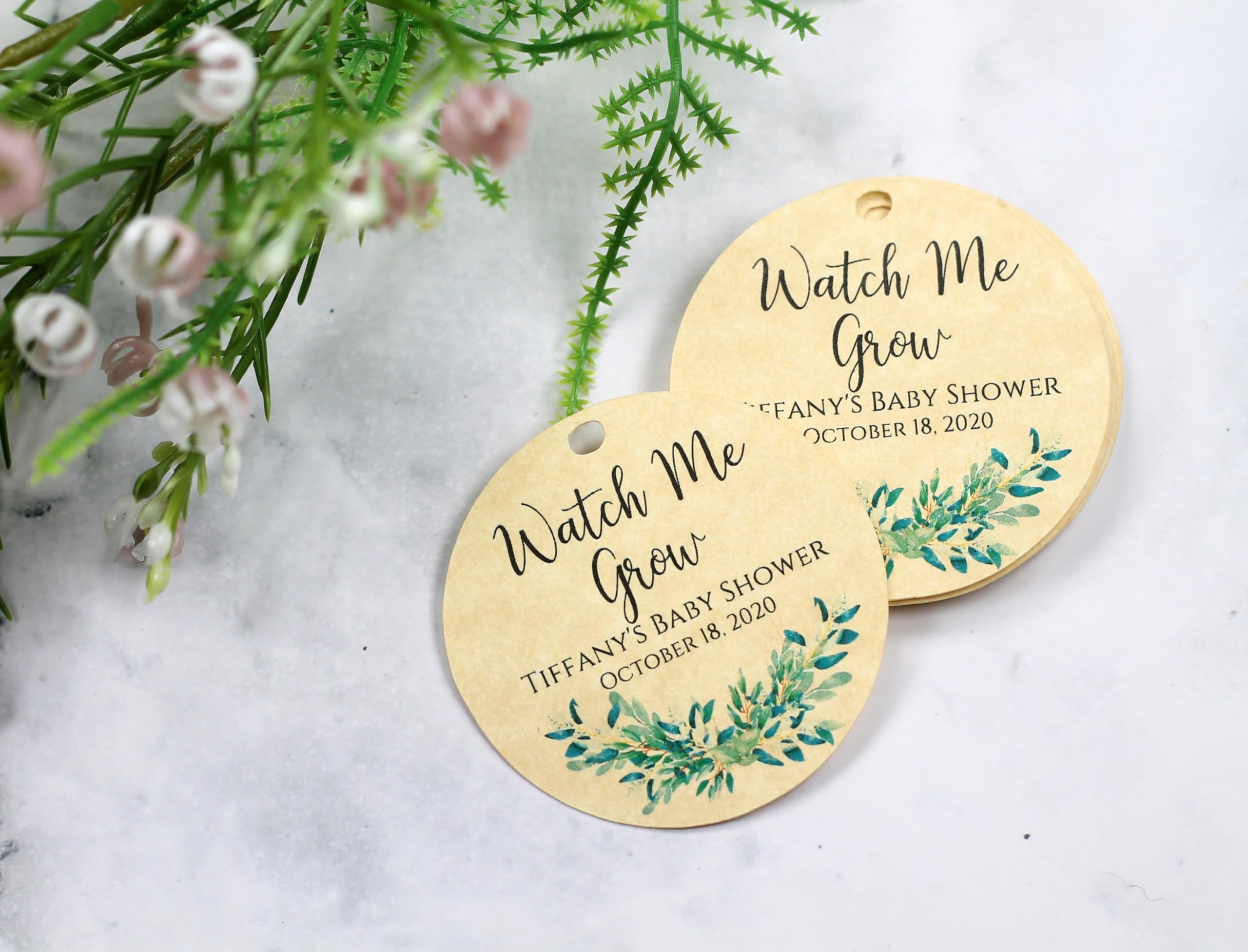 Personalized Baby Shower Tags with Greenery - Watch Me Grow (15 pc) (Antique Gold)
