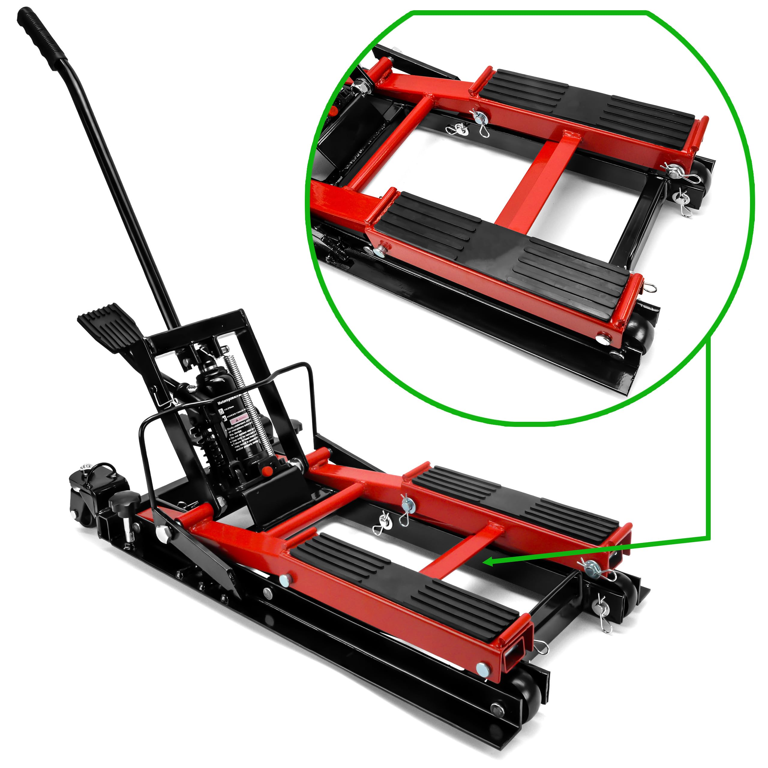 Verda Elevador hidráulico para motocicleta, 680 kg, 120 – 385 mm, para motocicleta, caballete de montaje, caballete para quad, scooter, ATV Garaje SN1755