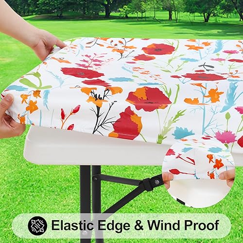 Miniatura 10 de smiry Mantel rectangular de pícnic, fundas elásticas impermeables para mesas de 6 pies, manteles de vinilo con parte trasera de franela lavable para
