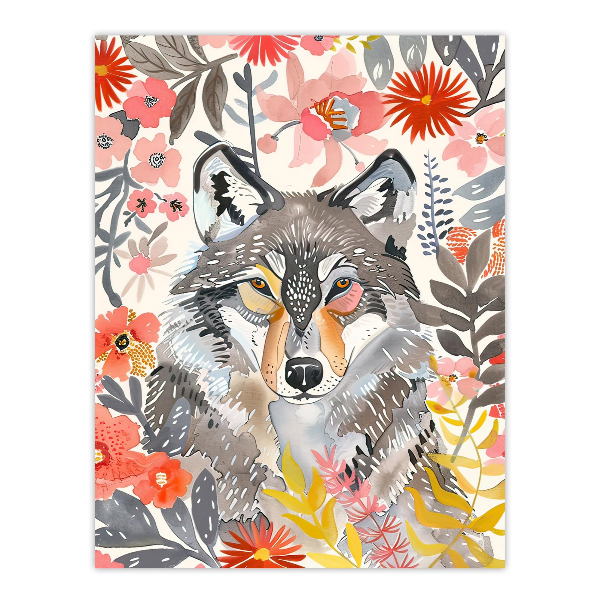 Artery8 Animal Portrait Wall Art Print - Grey Wolf Pink Floral Watercolour - W18" x H24"