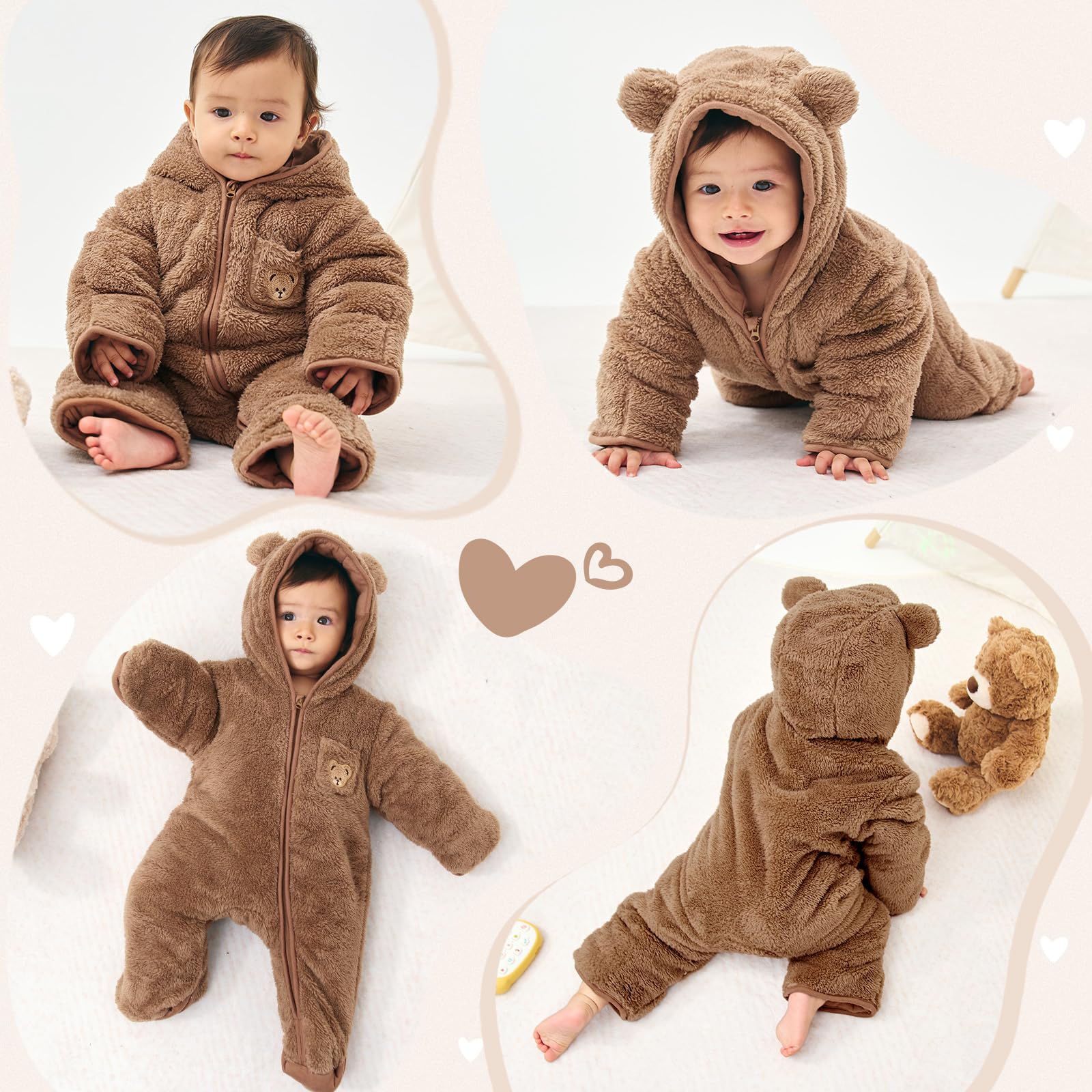 WYTbaby Combinaison d'hiver en polaire pour bébé garçon et fille de 0 à 12 mois - Avec capuche