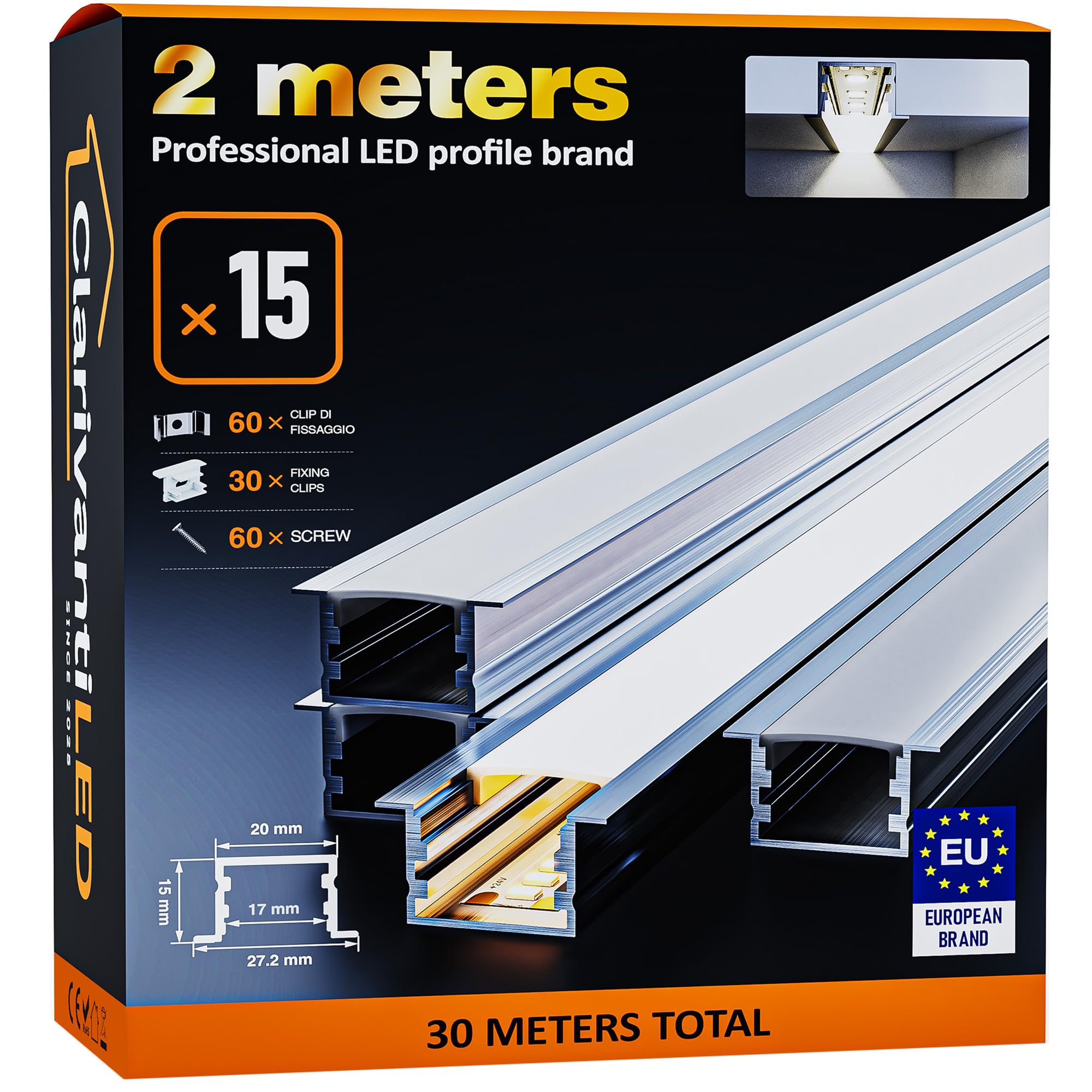 Profil LED 2m×15 aluminiowy w kształcie litery U z mleczno-białą osłoną, szyna aluminiowa do taśm LED, profil aluminiowy do pasków LED, kanał świetlny z dyfuzorem