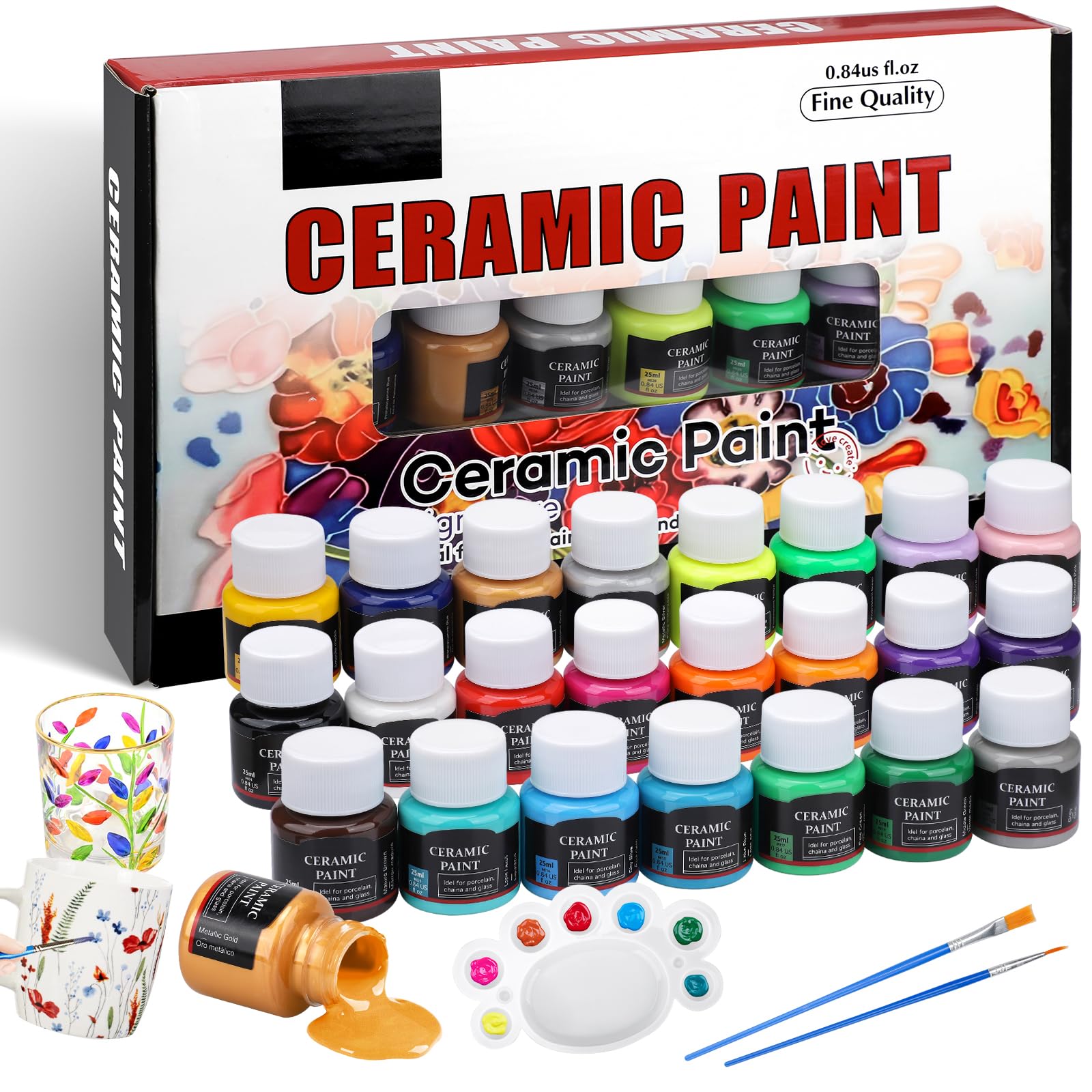 Porcelain Paint Set, 24 x 25 ml Porcelain Paint Dishwasher Safe, Ceramic Paint with 2 Brush Pens & 1 Palette, Ceramic Painting Set for Artists, Beginners, Ideal for Cups, Ceramics, Glass-image-23