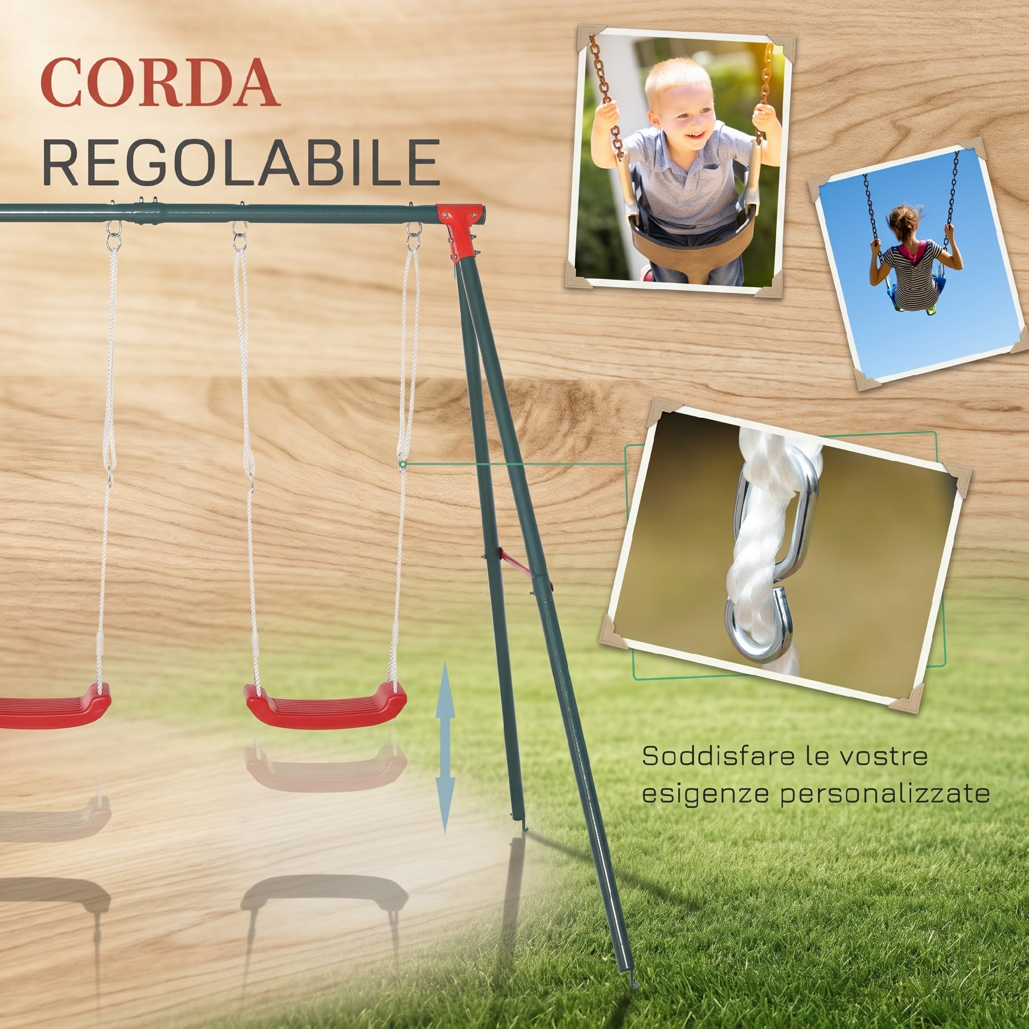 Outsunny Altalena Doppia per Bambini 3+ Anni con Struttura in Metallo, Corda Regolabile, Altalena da Giardino Gioco Esterno, Max 45 kg, 239x156x180 cm, Verde e Rosso