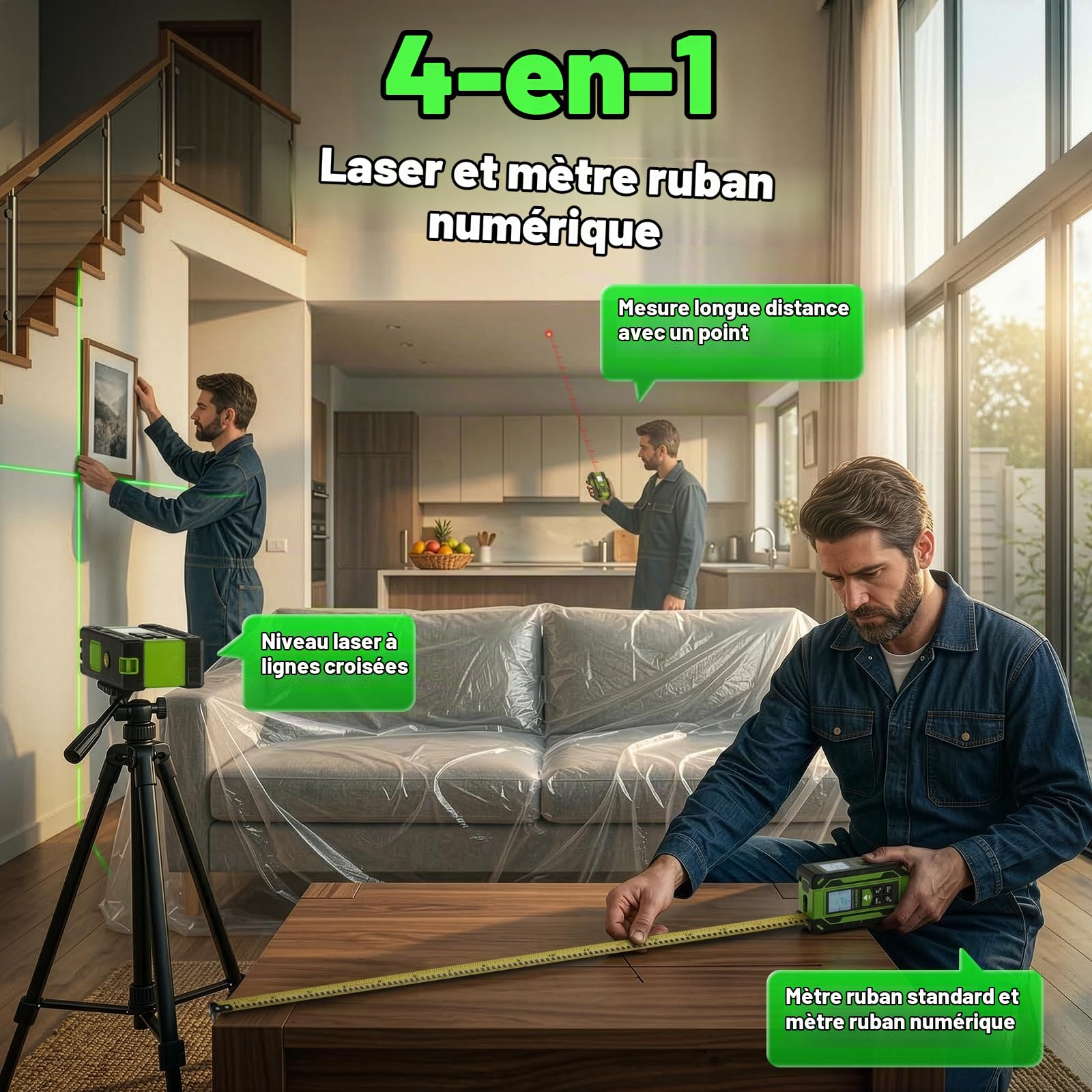 HUEPAR Ruban à Mesurer Laser 4-en-1 Rechargeable 60 m, Haute Précision ±1/16", Double Écran HD, Laser Croix Verte 33 ft + Ruban 10 ft, pour Mesure Distance, Surface, Volume, Pythagore et Nivellement