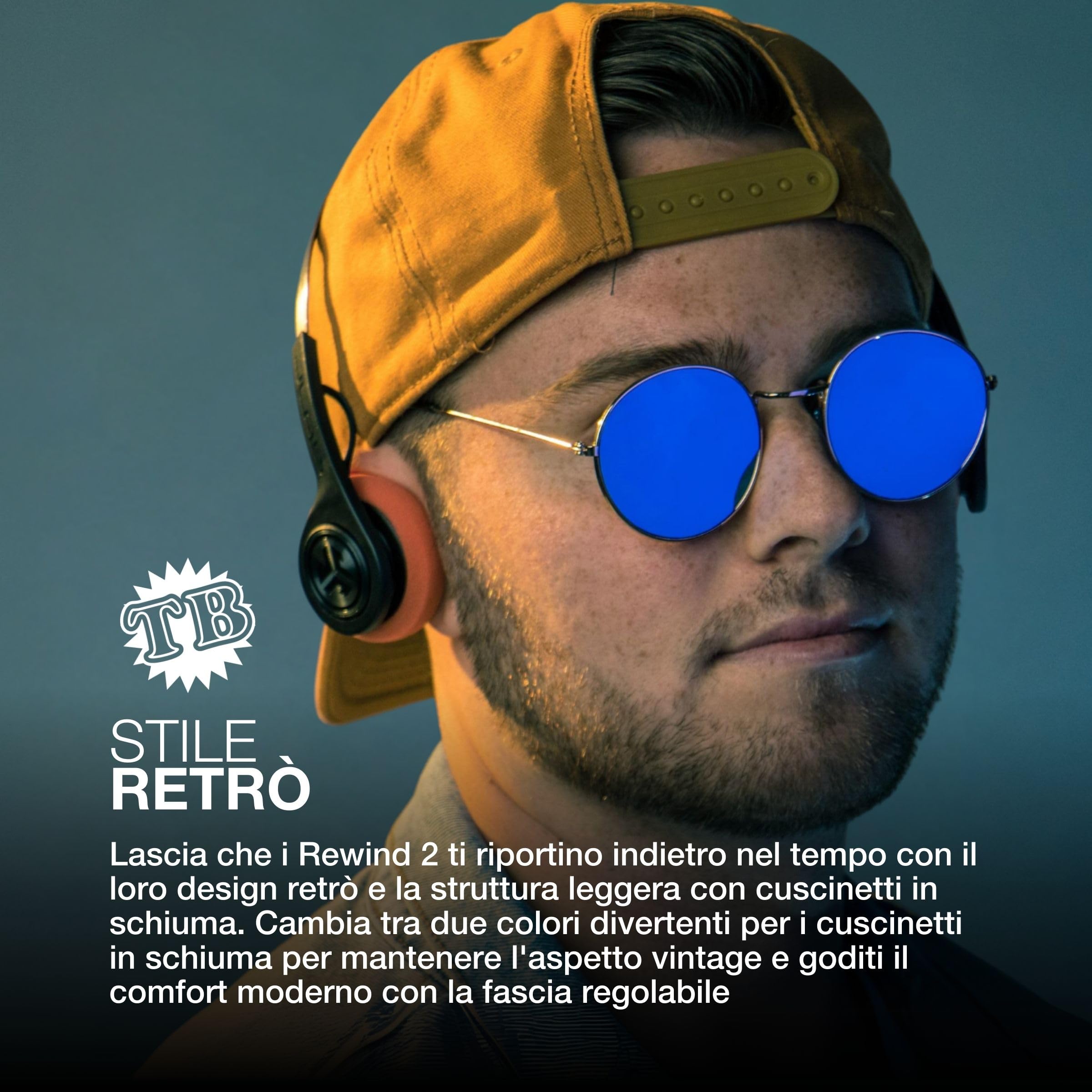 JLab Retro Headphones, Rewind 2 Wireless Headphones - Cuffie Retrò con Controlli App Personalizzati, Oltre 20 Ore di Riproduzione Bluetooth, Leggere, Look Vintage con Microfono