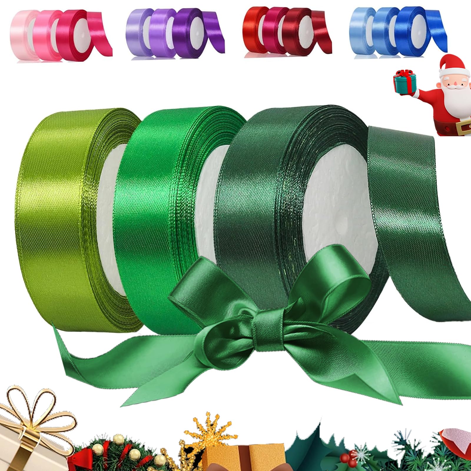 YOUYIKE 3 Pieces 22 m Green Satin Ribbon, 25mm Wide Gift Ribbon, for Craft, Flower Bouquets, Gift Wrapping, Wedding, Bow Making and Valentines Christmas Decoration