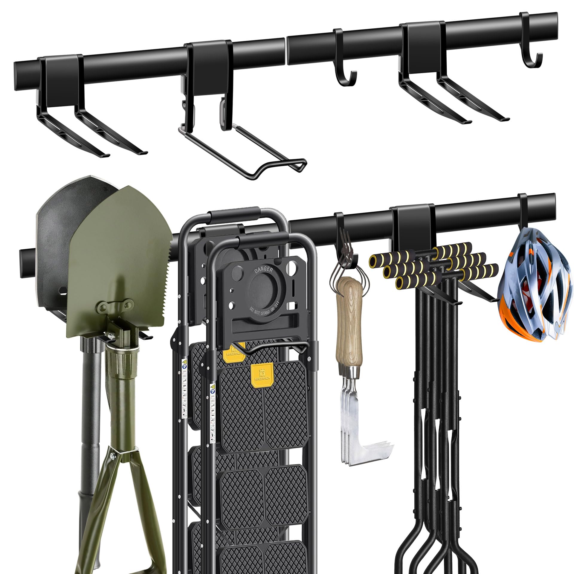 Mimoke Portautensili da giardino in acciaio, set da 2 pezzi, con 2 binari (43 cm) e 5 ganci, barra degli attrezzi per riporre attrezzi, attrezzi da giardino, attrezzature sportive, garage e cantina