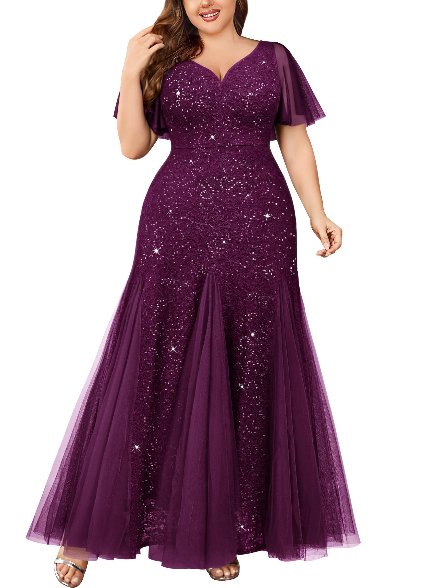 Miusol Women's Plus Size Sequins Lace Tulle Mermaid Hemline Sweetheart V Neck Formal Evening Party Maxi Dress