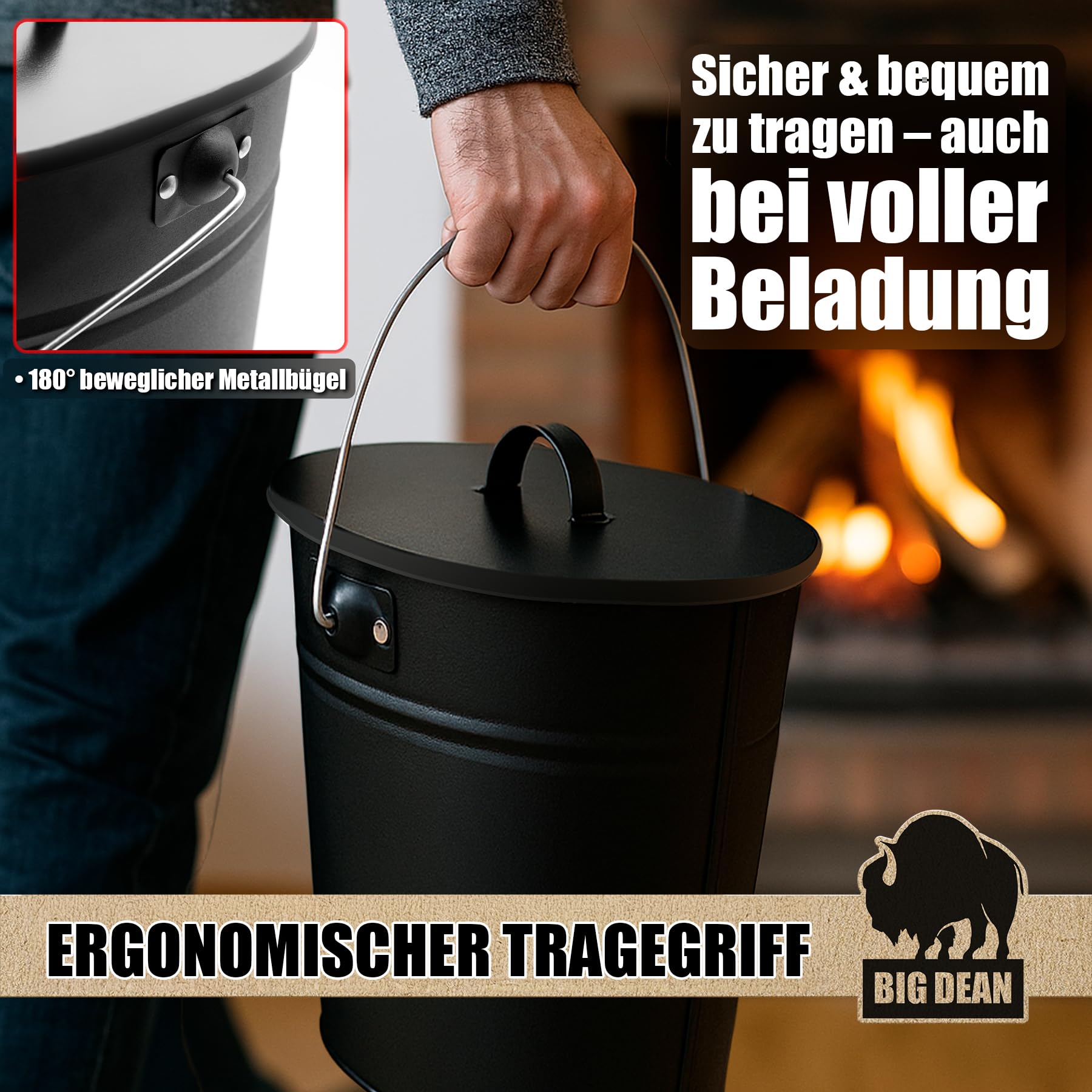 BigDean Ascheeimer mit Deckel 15 Liter mit Griff Ascheimer Oval