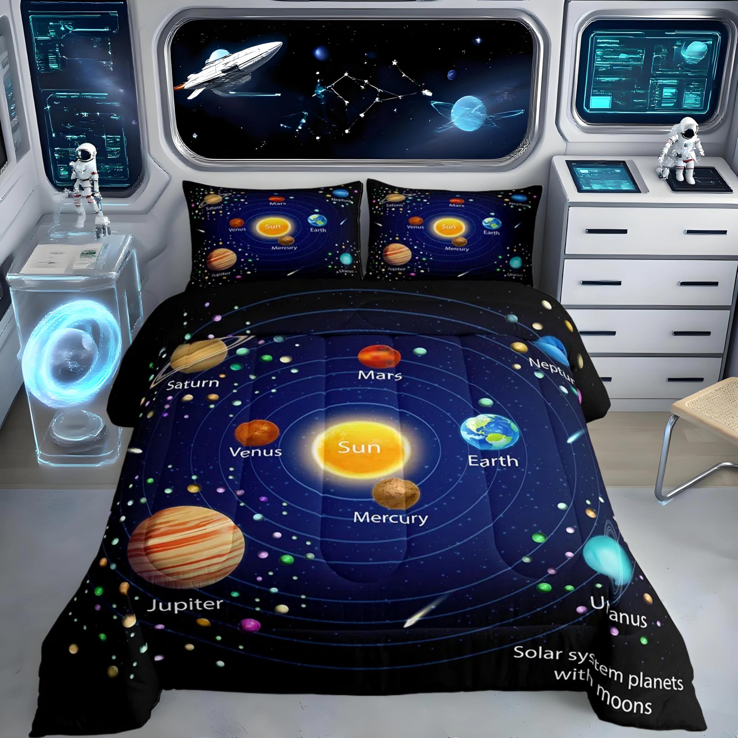 Feelyou Outer Space Comforter Set Boys Universe Planet Bedding Set for Kids Boys Girls Galaxy Comforter Planet Quilt Set 1 Comforter Set with 2 Pillowcases Queen Size