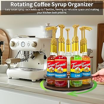 Support Rotatif 9 Bouteilles Sirop Café - Base Bois & Acier Carbone - Organisateur Bar - Marron/Noir