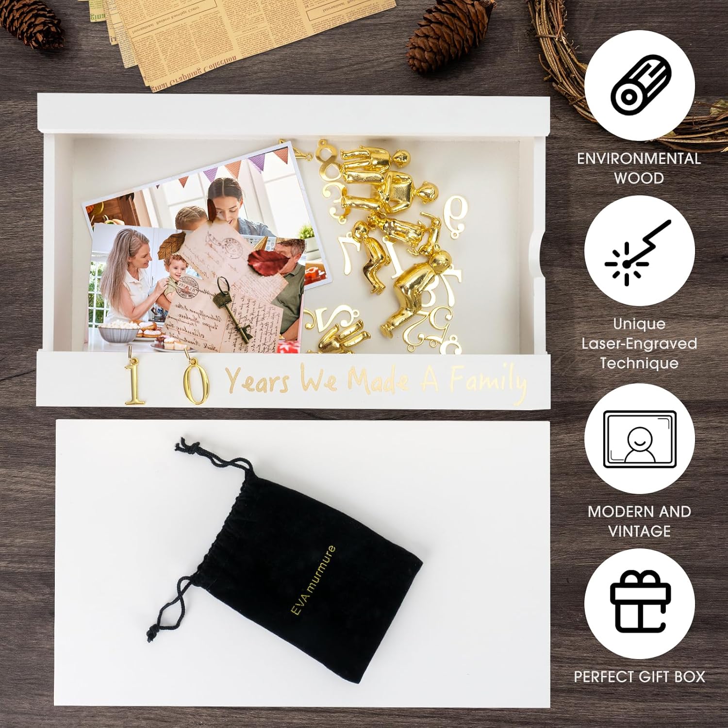 Personalized Romantic Wedding and Anniversary Keepsake Box with Family Statue - Wooden Memory Picture Box for Cherished Keepsakes and Ticket Storage - Elegant Couple Gift- off-white