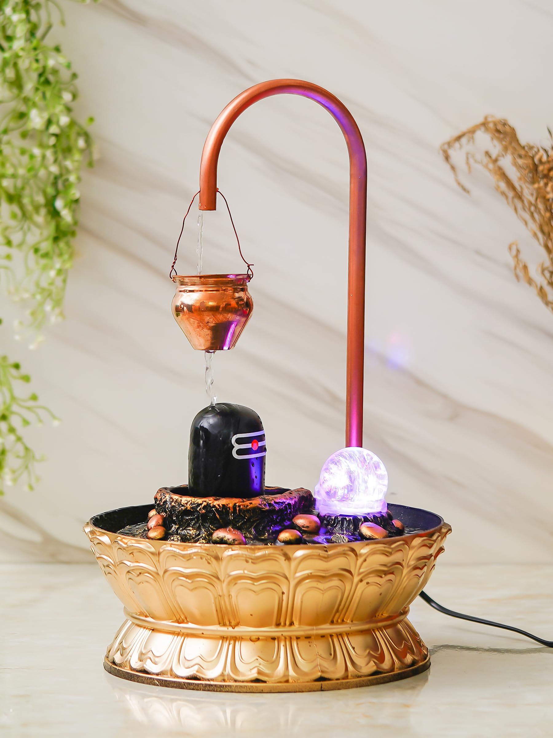 CHRONIKLE Metal Decorative Shivling Tabletop Water Fountain with LED Crystal Ball (28 CM x 46 CM : Copper Color)