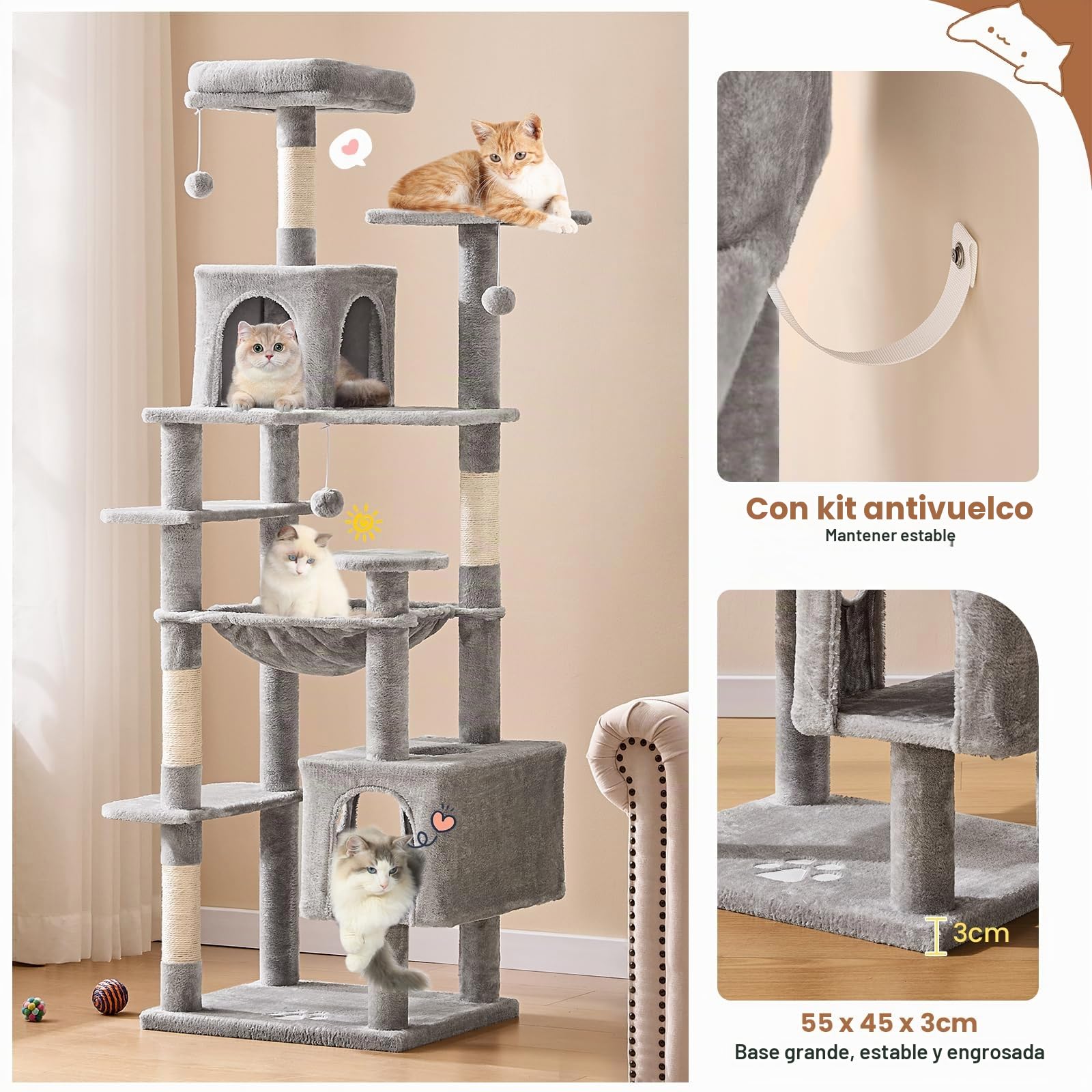 MSmask Árbol de gatos grande, L Árbol para gatos estable, árbol de rascar para gatos con 2 plataformas, 2 cuevas para gatos, hamaca, columnas de sisal, árbol de escalada de varios pisos para gatos