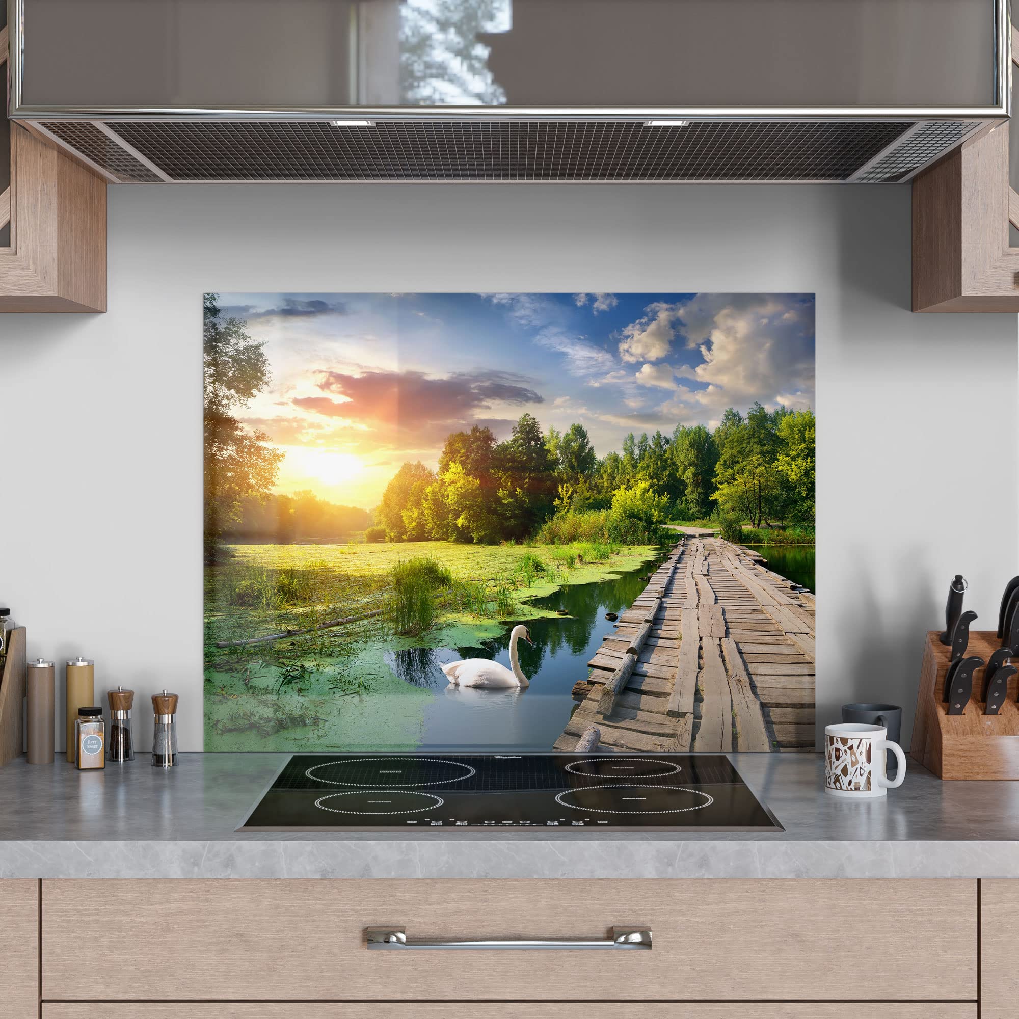 DEQORI Szklana tylna ścianka kuchenna, idylliczny design jeziora, 80 x 60 cm, tylna ścianka łazienki lub kuchenki, ochrona przed rozpryskami płyt kuchennych, do kuchni i łazienki, nowoczesna dekoracja do luster z płytkami