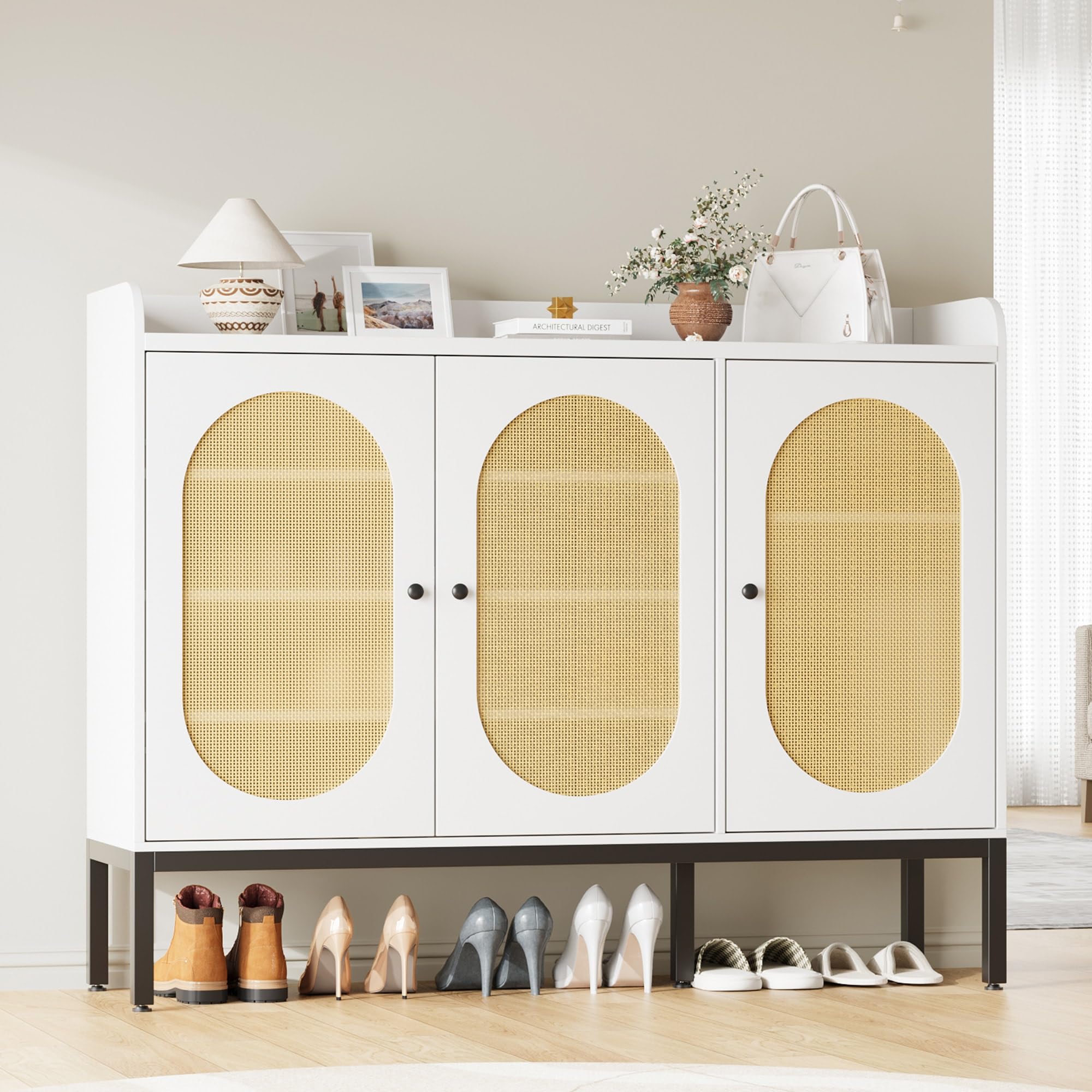 GAOMON Shoe Cabinet with 3 Rattan Doors in a modern entryway setting, filled with various shoes.