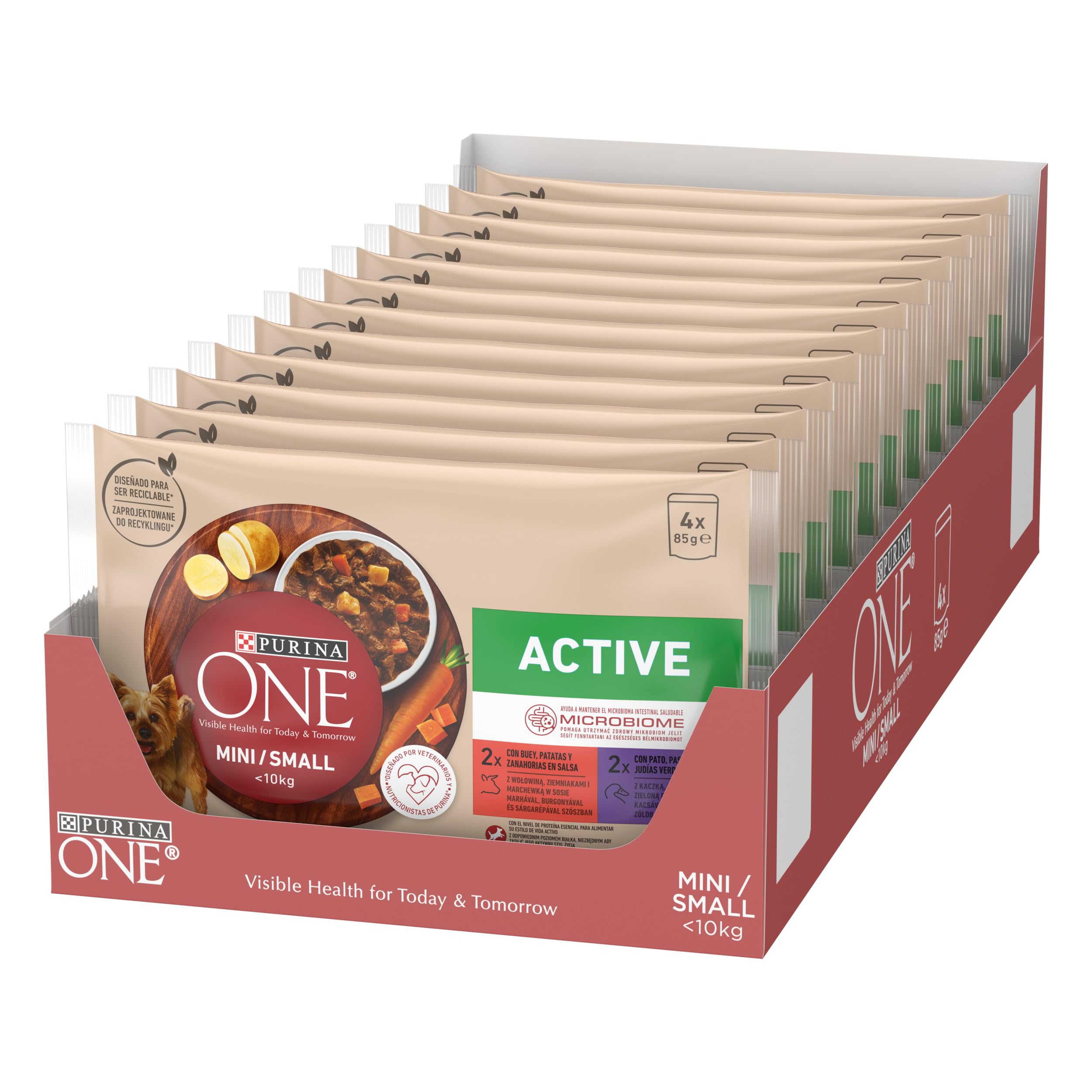 Purina ONE Mini <10kg Comida húmeda para Perro pequeño Activo con Buey y Pato, 12 packs de 4 sobres de 85g - 48 sobres