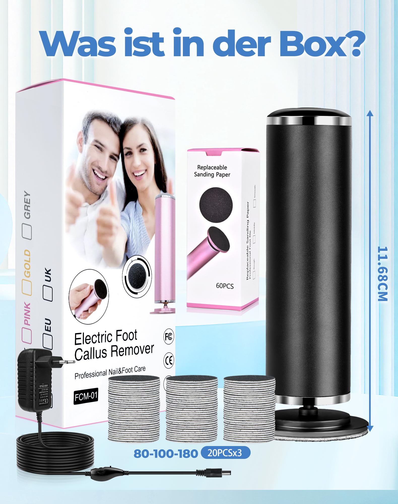 Honey Glow Pied, Râpeuse Pieds Électrique Professionnelle 60 Disques Abrasifs Inclus, Ponceuse Pieds Plug & Play Sans Recharge, Outil De Pédicure Pour Femme & Homme (Noir)