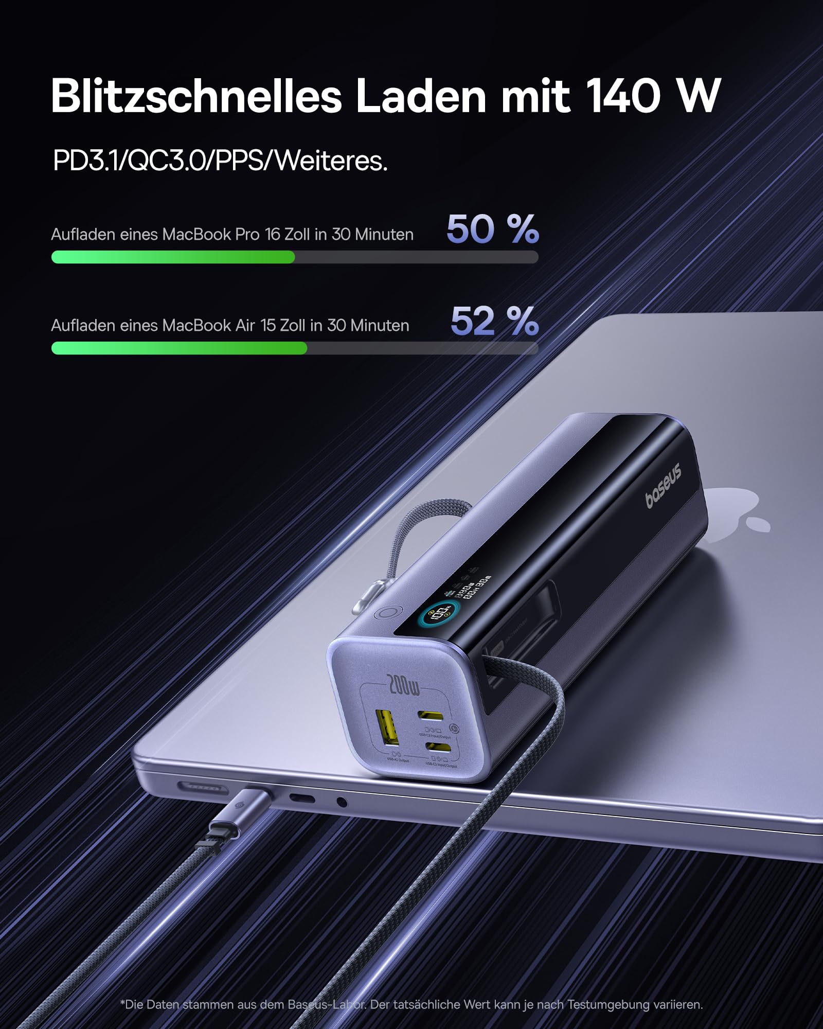 Baseus EnerGeek GR11 Powerbank Laptop 25000mAh, 200W Schnellladen, Power Bank mit 62cm Retractable USB C Kabel, Externe Handyakkus für MacBook Pro, Dell, HP, Samsung Galaxy S26/S25 Ultra, iPhone