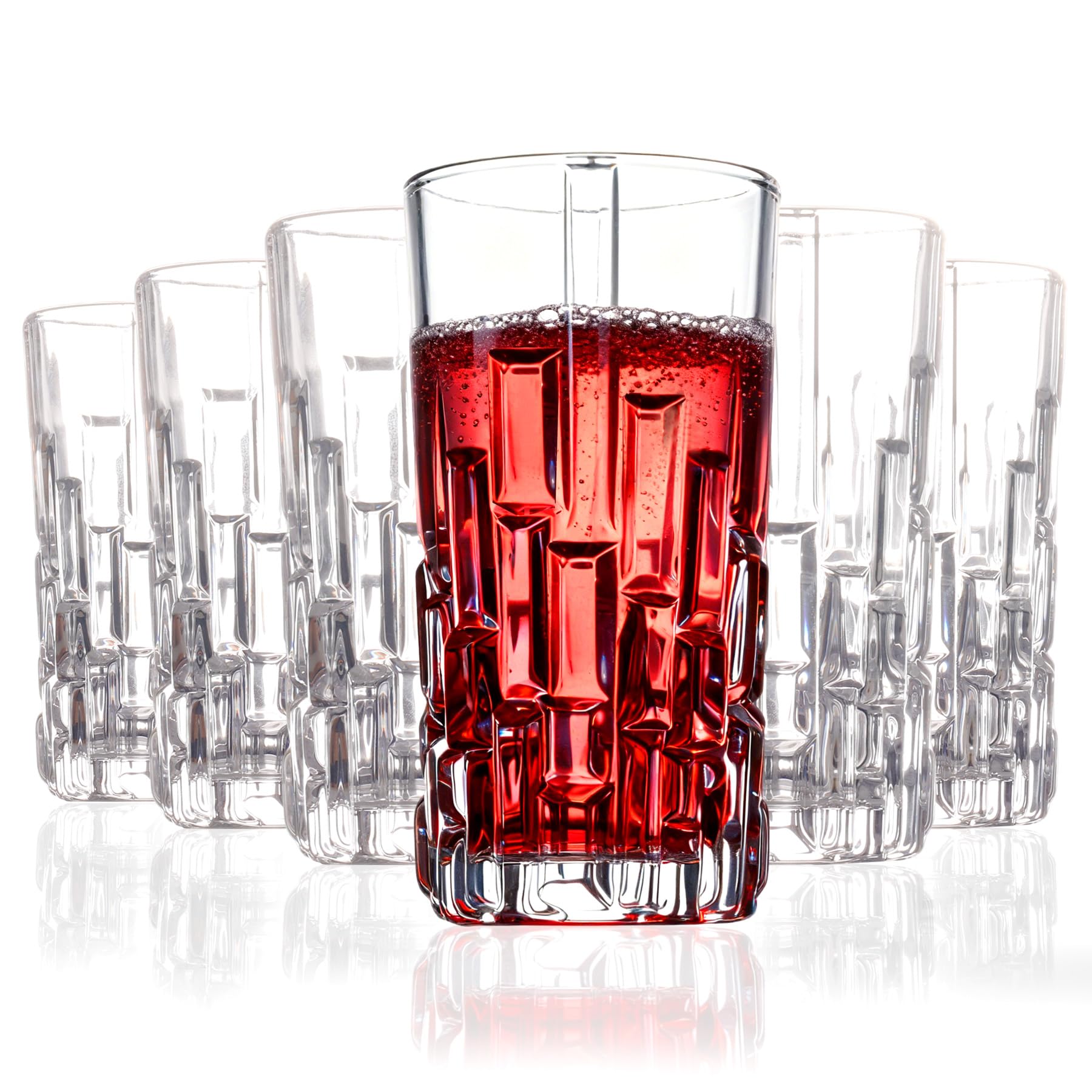 Tall Highball Glasses Set Of 6 - Elegant Tom Collins Glasses - Textured Designer Glassware Set For Whiskey