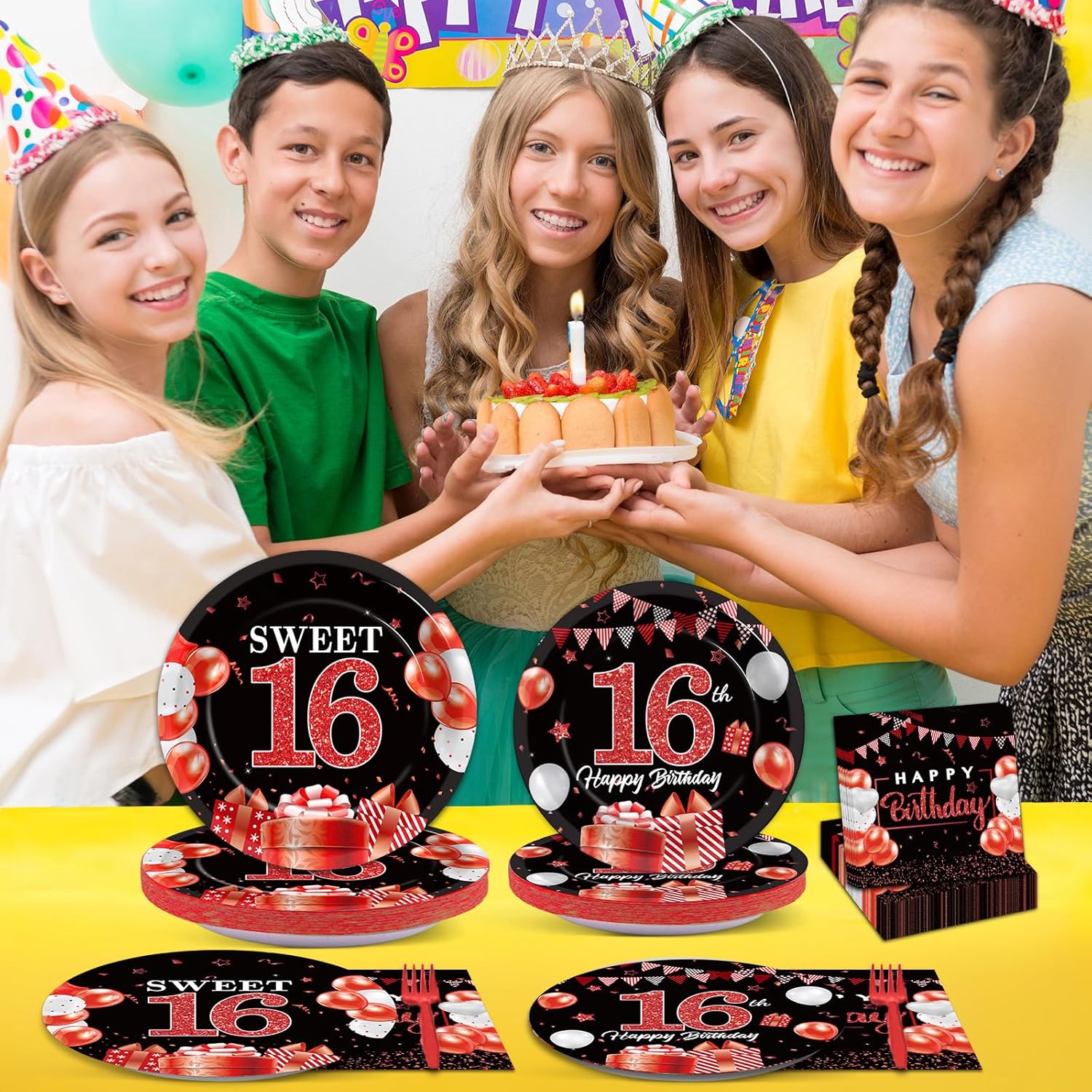 gisgfim 96Pcs 16th Birthday Decorations for Girls Boys Red Silver Sweet 16 Birthday Party Decorations Happy 16th Birthday Plates and Napkins Black and Red 16 Year Old Birthday Decoration for 24 Guests