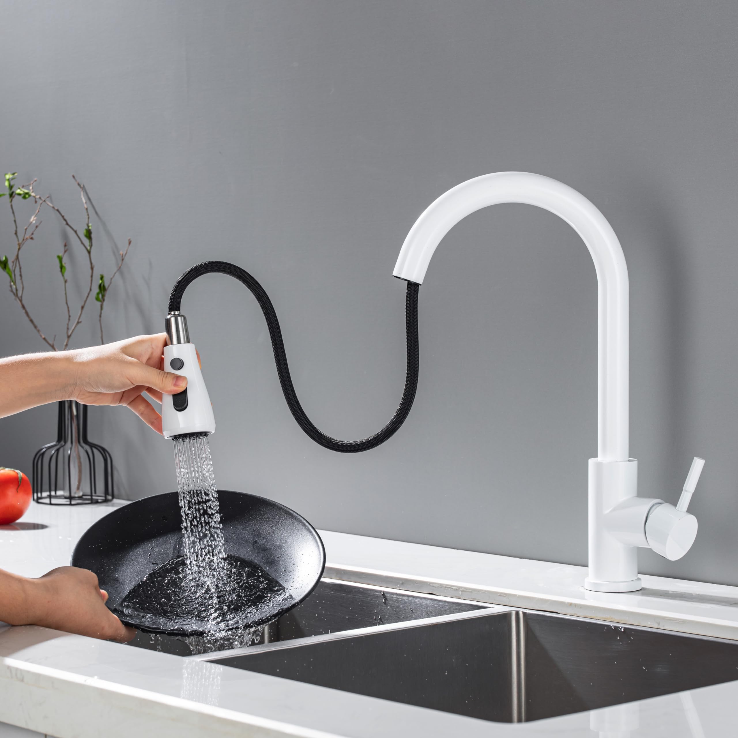 Grifo de cocina, extraíble, blanco, con ducha, giratorio de 360 ​​°, mezclador, cromado, de fregadero de una sola palanca