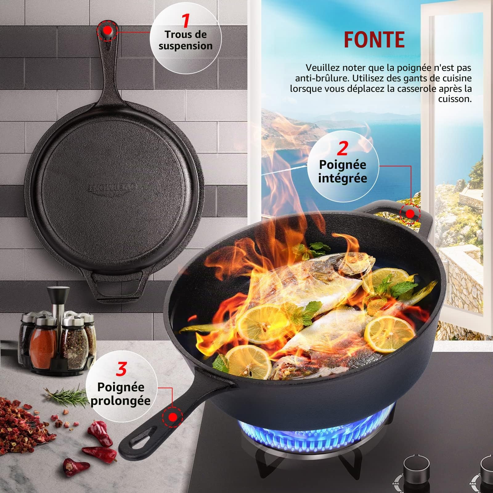 Overmont Dutch Oven Pot en Fonte Prêt à l'emploi Couvercle/Poêle à Double Fonction avec Recette E-book pour Cuisine Camping Garden BBQ (26x8cm - Long Manche) Modèle : OV009
