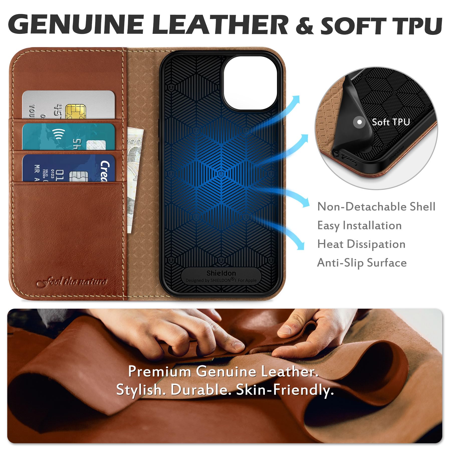 SHIELDON Funda Compatible con iPhone 13, Carcasa Cuero Genuino para iPhone 13 con Cáscara de TPU, Soporte Plegable, Bloqueo RFID, Funda Tapa Libro para iPhone 13(6.1"), Retro Marrón